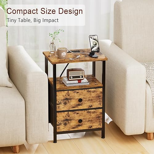 Miniatura 7 de Mesita de noche, mesita de noche con estación de carga, mesa auxiliar con almacenamiento 2 cajones de tela para dormitorio, mesa auxiliar de cama