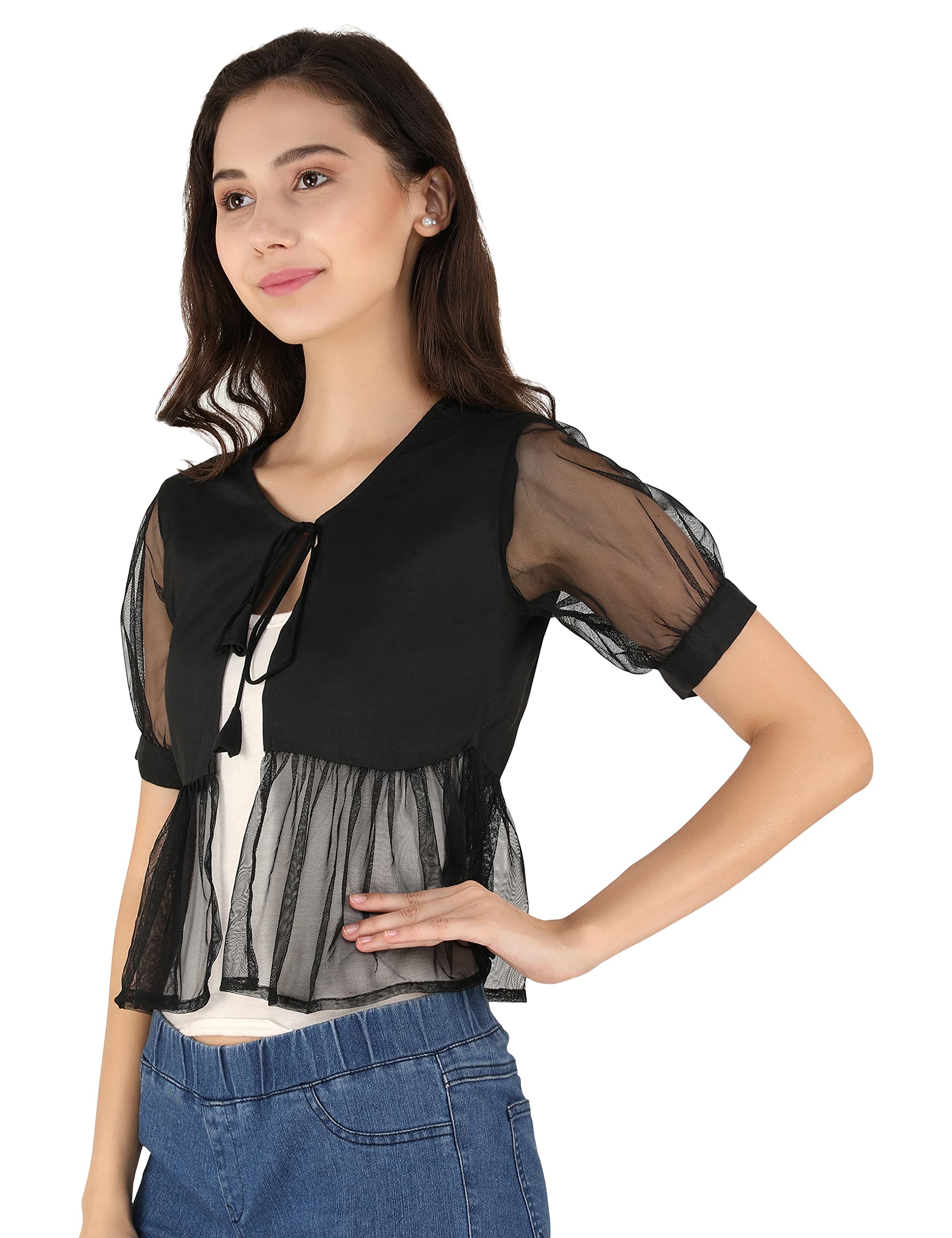 unfakenow Trendy Casual Ethnic Sheer Mustard Bolero Jacket Clothing Women Cotton net Short Sleeve tie up Front Plus Size Stylish Crop Shrug-picture-16