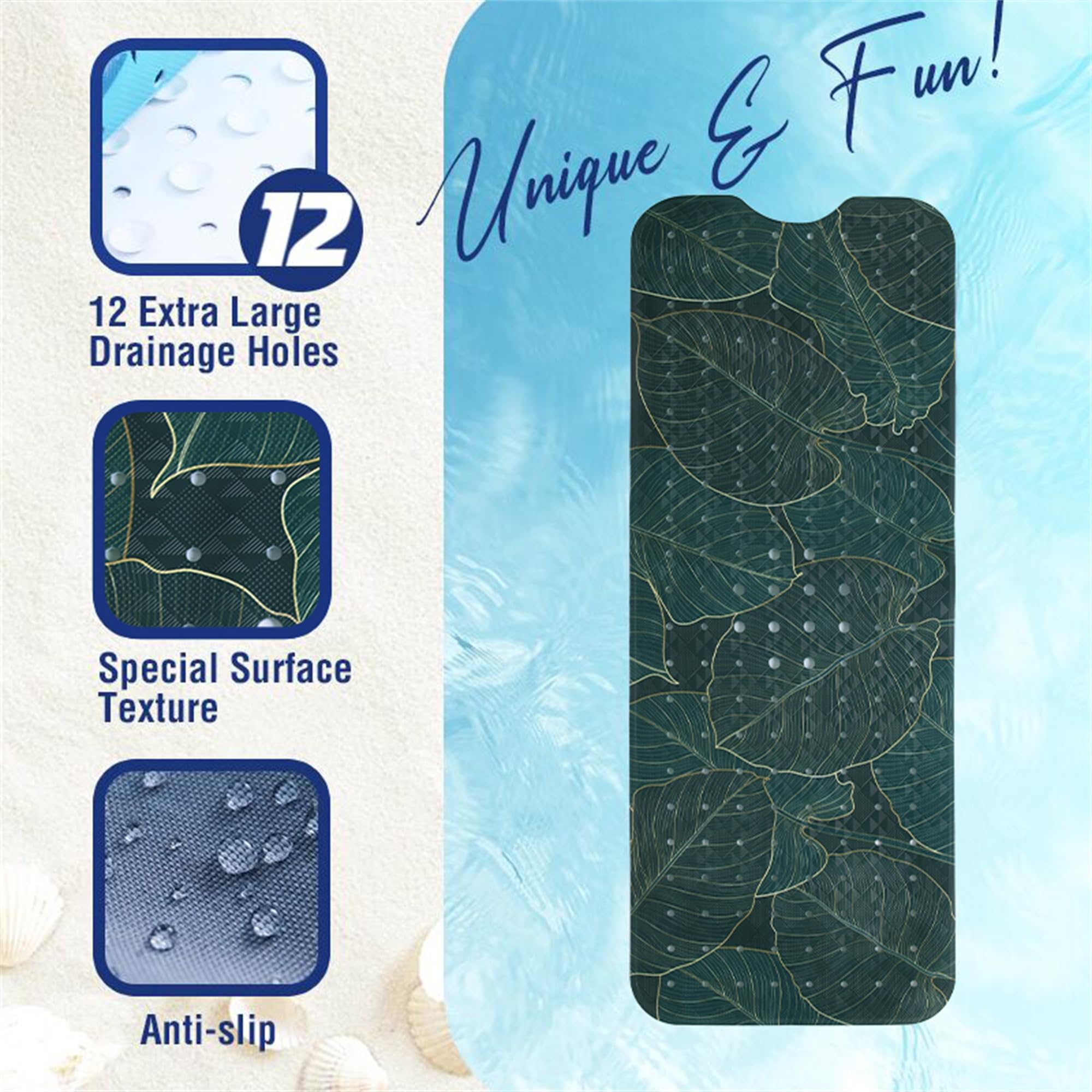 Palm Leaves Bathtub Mat Non Slip 40x16in Palm Leaves Extra Long Bath Mat for Tub Bohemian Abstract Art Anti Slip Shower Mat for Bathroom with Large Drain Holes and Suction Cups Quality Bath Mats Decor - Image 4