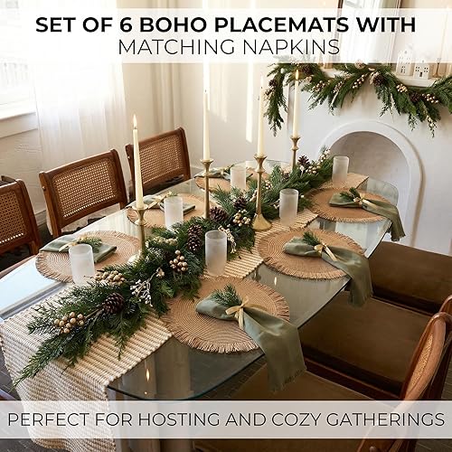 Miniatura 3 de Hermoso juego de 6 manteles individuales y servilletas bohemios Hecho a mano de algodón tejido de arpillera y paja decoración de mesa para comedor,