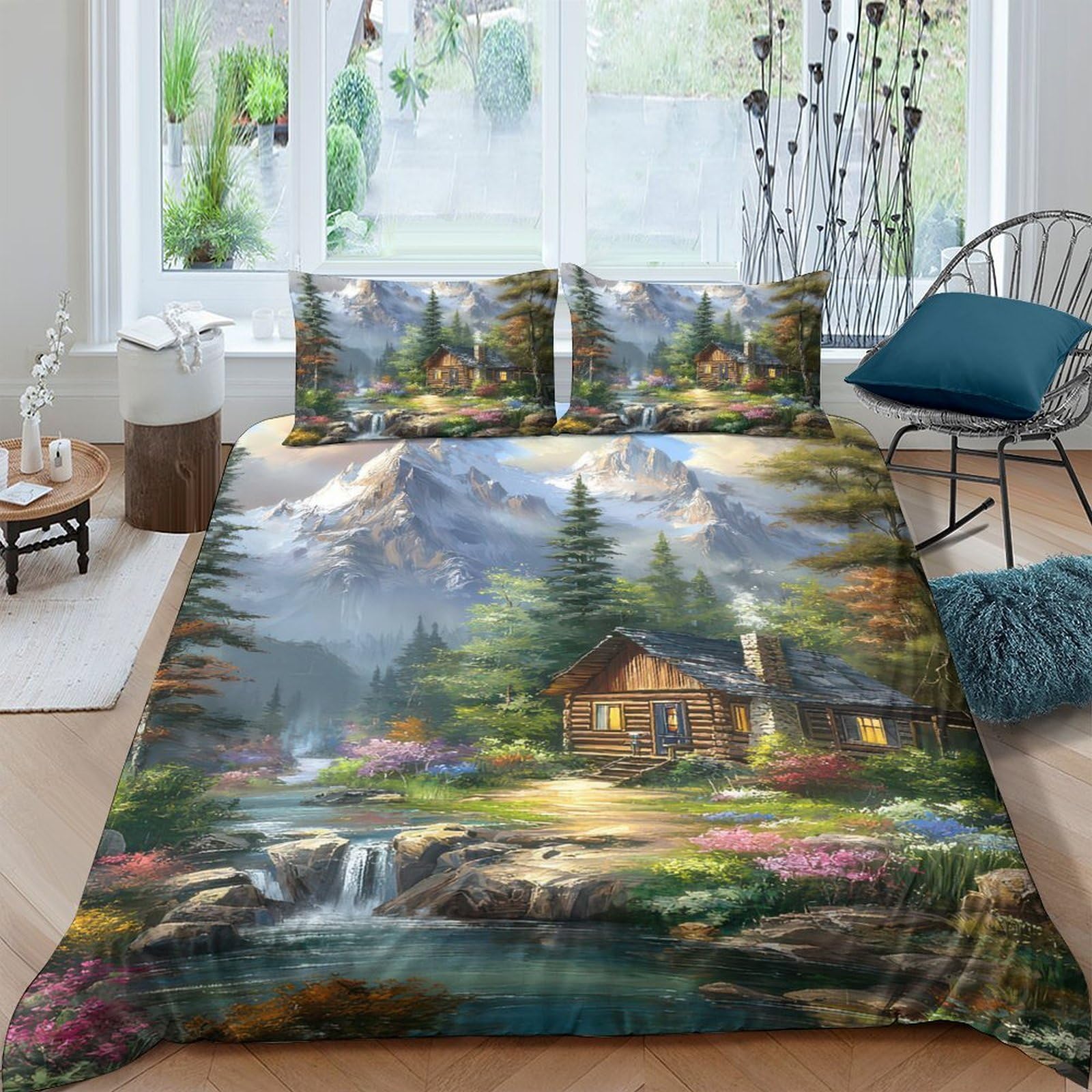 Ctjqhvkz Style-8 3D Printed Mountain Forest Fitted Sheet Microfiber Soft Cabin Landscape Bed Cover For Bedroom Guest Room Decor Single（135X200cm）