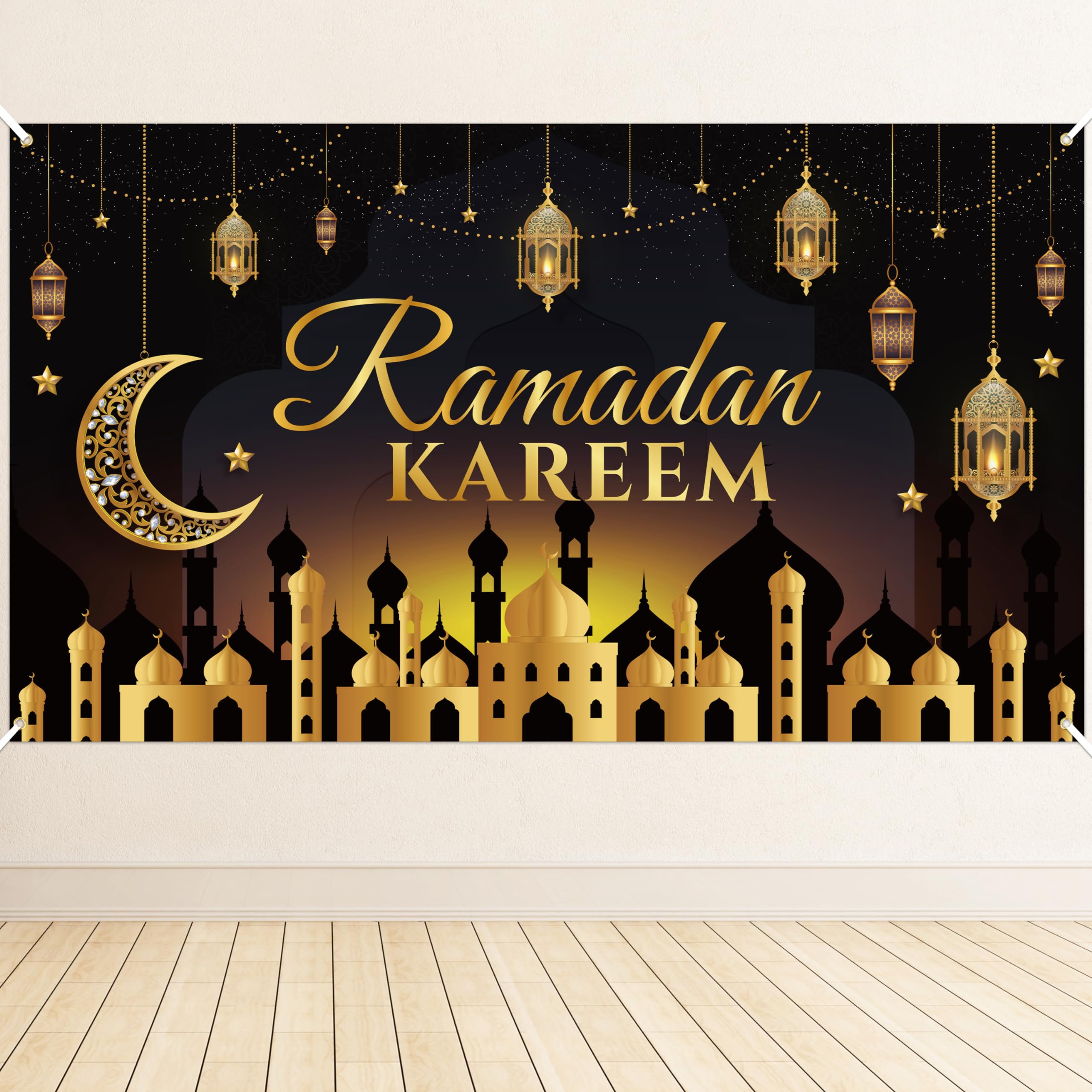 WATINC Black Gold Ramadan Kareem Backdrop Banner - 79 x 45 Inch, Black, Gold