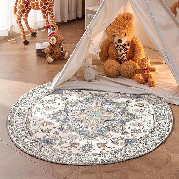 OPPODREAM Soft Round Rug 5ft, Washable Circle Rug 5ft with Non Slip Backing Play Room, Low-Pile Carpet 5 ft, Faux Cashmere Throw Carpet, Purple & Green & Cream