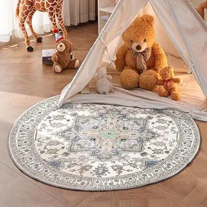 OPPODREAM Soft Round Rug 5ft, Washable Circle Rug 5ft with Non Slip Backing Play Room, Low-Pile Carpet 5 ft, Faux Cashmere Throw Carpet, Purple & Green & Cream