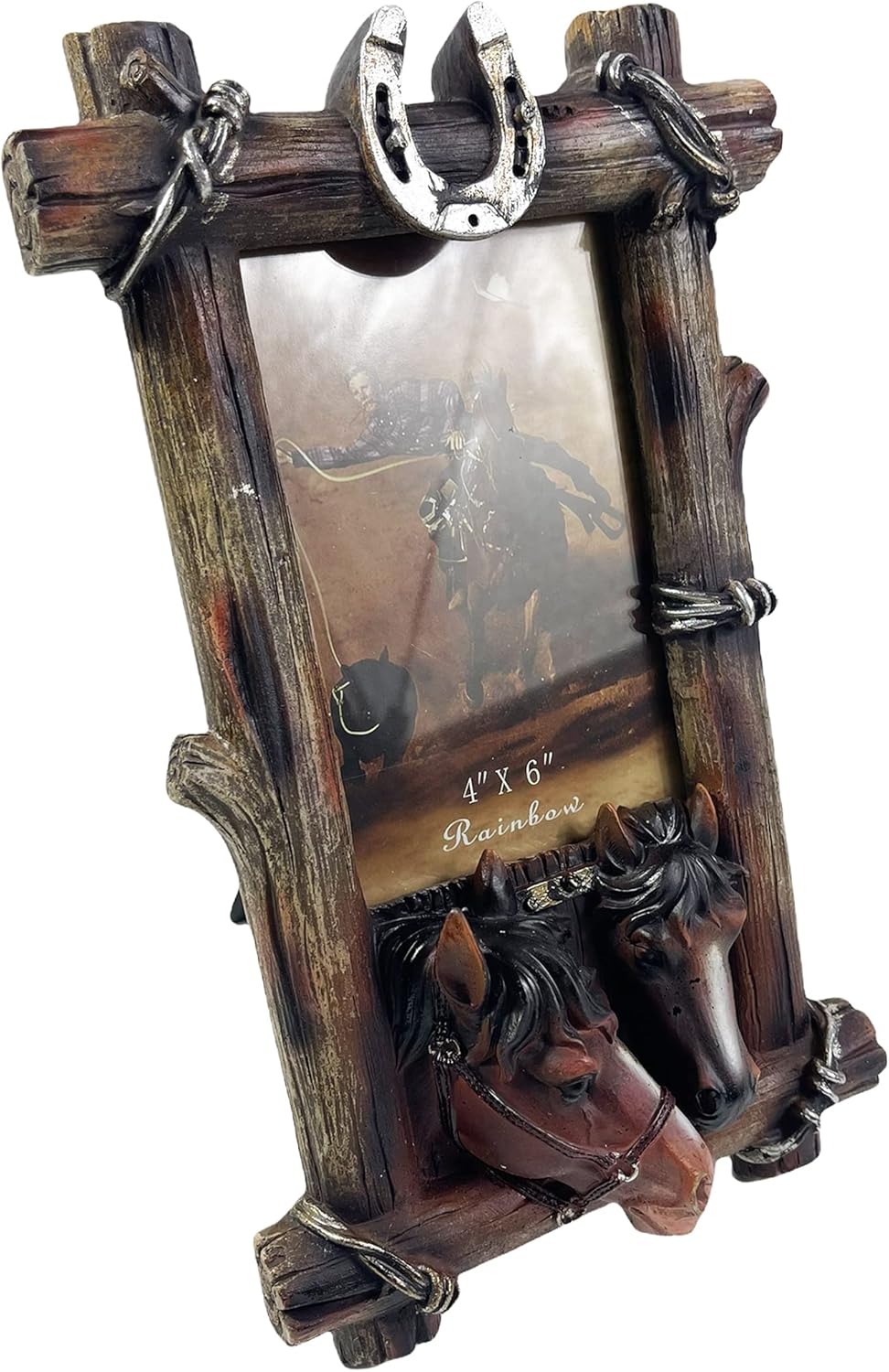 Urbalabs Western Cowboy Two Horse 3D Horseshoe Barbwire Decor Picture Frame 4 x 6 Rustic Country Gifts Farmhouse Picture Frames Standing 4x6 Elaborate Picture Frame
