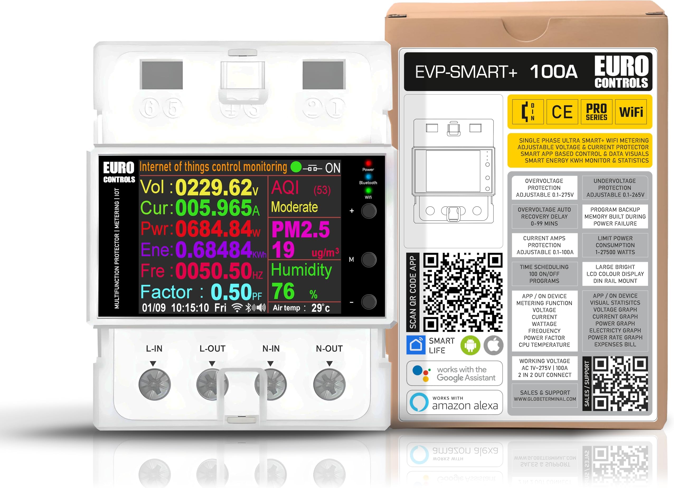 EuroControls EVPSMART+ 100A 2p with WiFi IOT Voltage Current Protector & Multifunction Energy Meter Amps Watts Frequency Power Factor Kilowatt hour IOT - AQI PM Humidity CO2 Temperature Voltage Guard