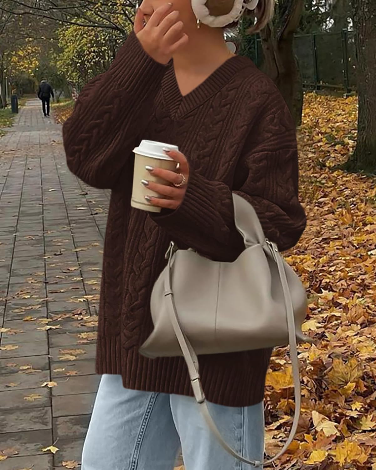 Okiwam Women's Oversized Sweaters Long Sleeve V Neck Cable Knit Pullover Tops Fall Outfits Spring Fashion Clothes 2026 - Image 3