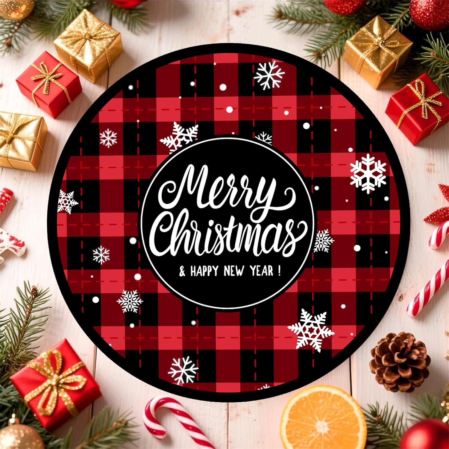 Christmas Round Area Rug 3.3ft, Winter Snowflake Living Room Christmas Decoration Rug, Red and Black Buffalo Plaid Print Rugs with Non-Slip Backing, Machine Washable Carpet, Modern Home Decor