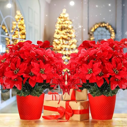 Miniatura 5 de meekoo 48 flores de Pascua artificiales de Navidad, 7 cabezas, flores falsas con tallo de nochebuena, adornos para árbol de Navidad para el hogar,