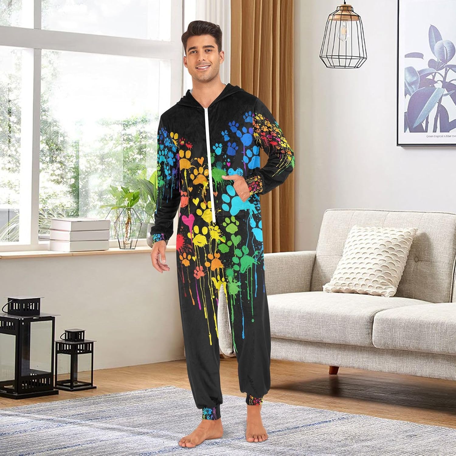 Rainbow Dog Print Love Heart Adult Onesie Pajamas for Unisex Novelty One Piece Costume Sleepwear