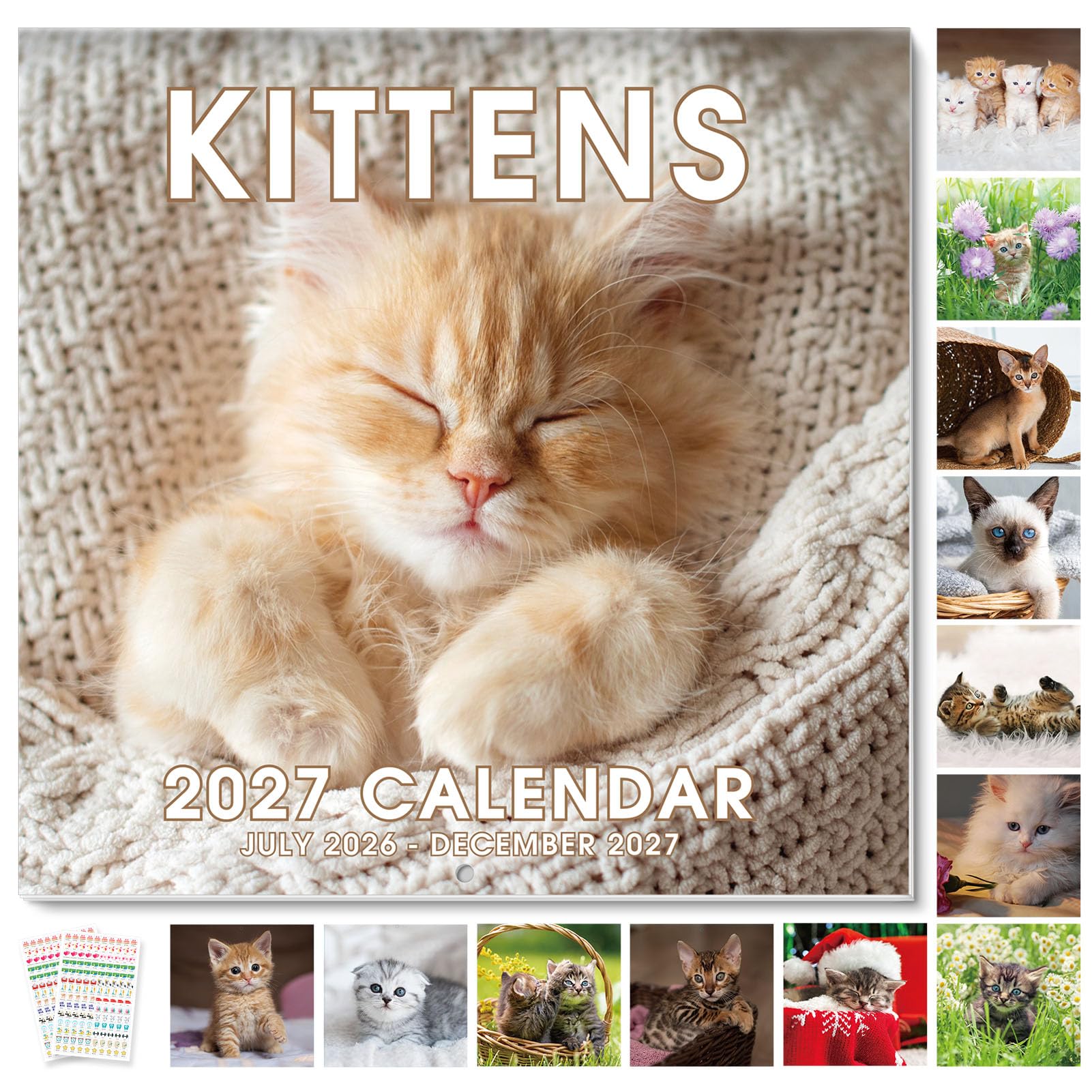 SKYDUE Kittens 2026-2027 Wall Calendar 12"x24" Opened, 16-Month Cat Calendar from July 2026 to December 2027 with Stickers, Thick Paper Monthly Calendar for Home Office Organizing & Planning Kittens JUL 2026-DEC 2027