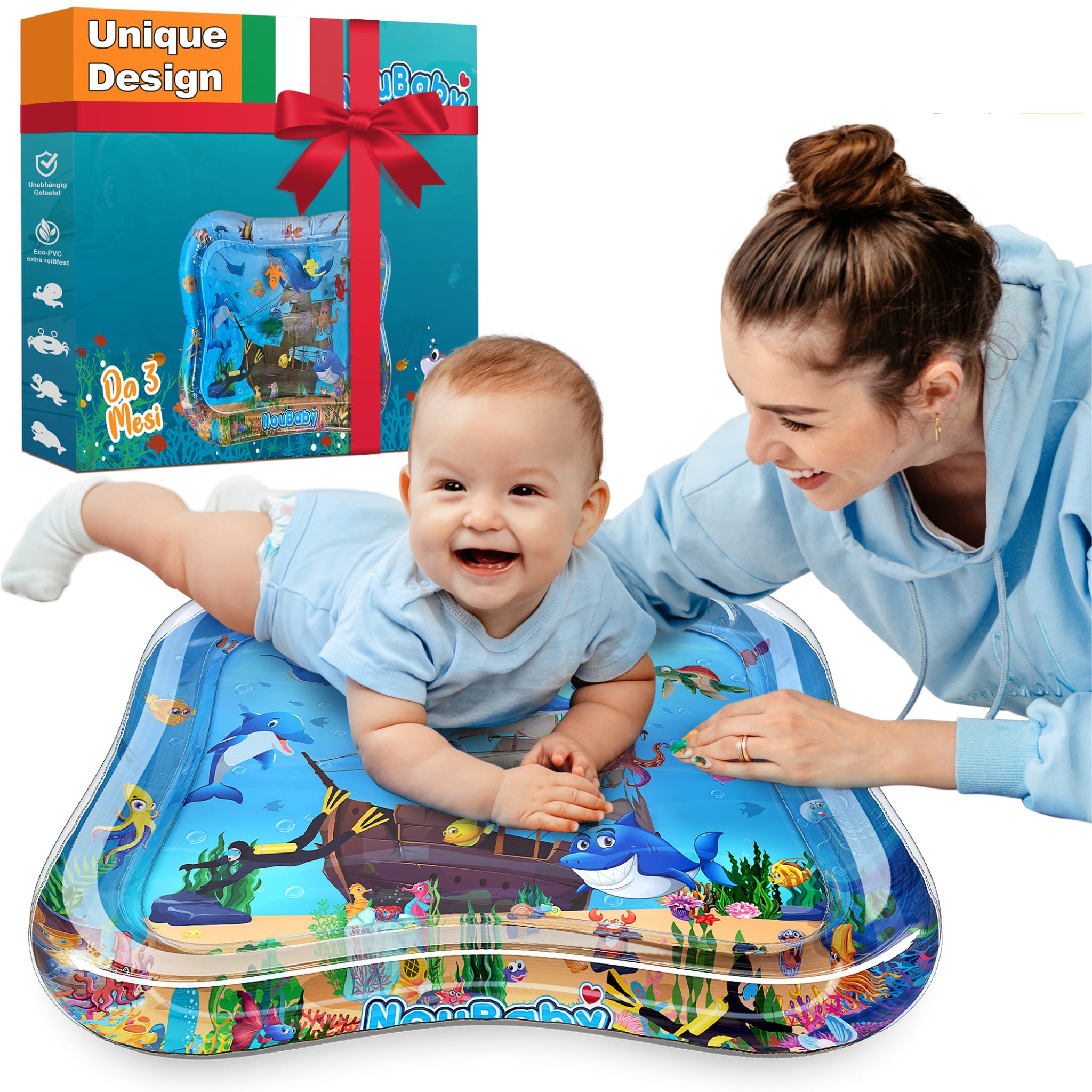 NouBaby® Tappetino Acqua Tummy Time Neonato | Tappeto Sensoriale Neonati con Acquario Gonfiabile | Giochi Bambini per lo Sviluppo Motorio | Tappetino Bambini Sicuro e Divertente
