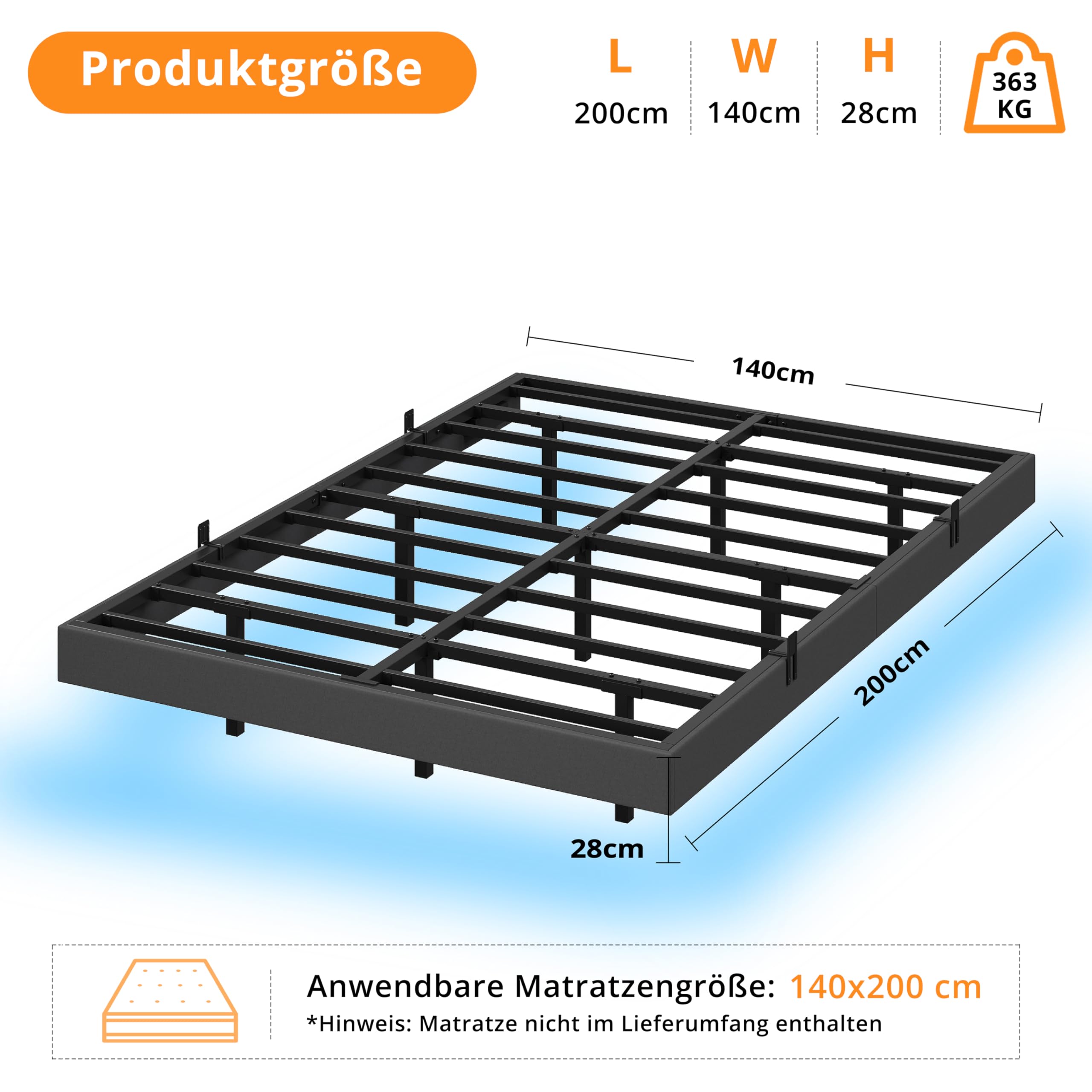 IRONCK Bettgestell 140x200 cm, Schwebender Bett mit LED Beleuchtung, Gepolsterte Seitenwände, 2 AC-Steckdosen, 2 USB-A-Anschluss, 1 USB-C-Anschluss, Metallbett mit Lattenrost Doppelbett, Grau