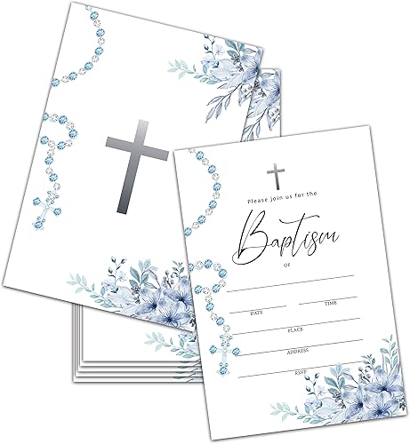 Invitaciones de bautismo con sobres, tarjetas de invitación de baby shower floral bohemio, invitación de primera comunión de flor de rosario azul,