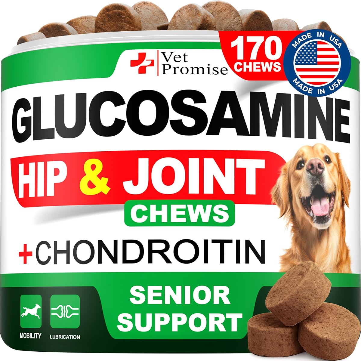 Glucosamina para perros - 170 masticables - Suplemento para cadera y articulaciones para perros mayores | Glucosamina Condroitina - Píldoras para aliviar el dolor de cadera y articulaciones de perros - MSM - Suplemento de apoyo a la movilidad - Fabricado en Estados Unidos