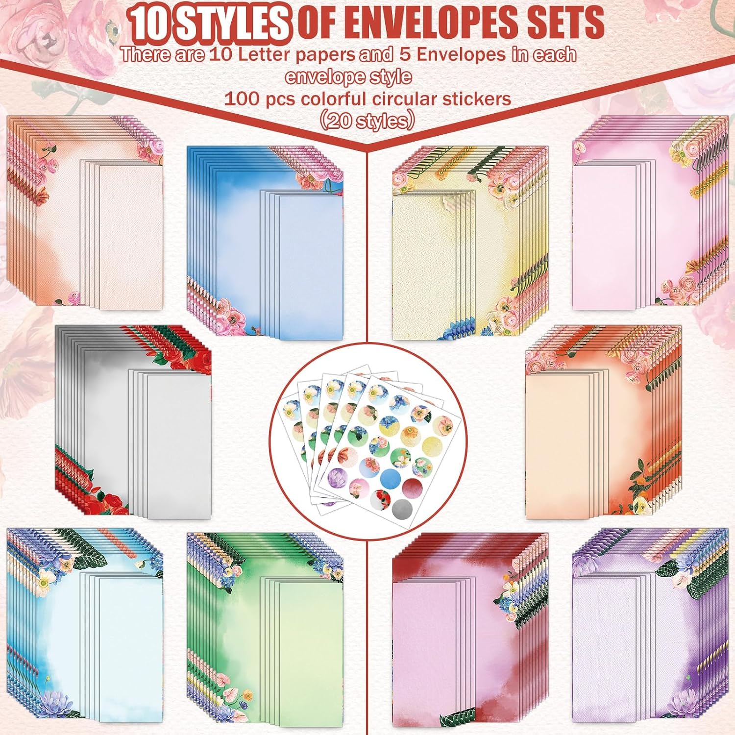 250Pcs Watercolor Stationery Paper and Envelope Set with 100 Letterhead Papers and 50 Envelopes, 10 Design for Letter Writing,Invitations Computer Holidays Party Notes, 8.5x11 Inch-Floral image 5