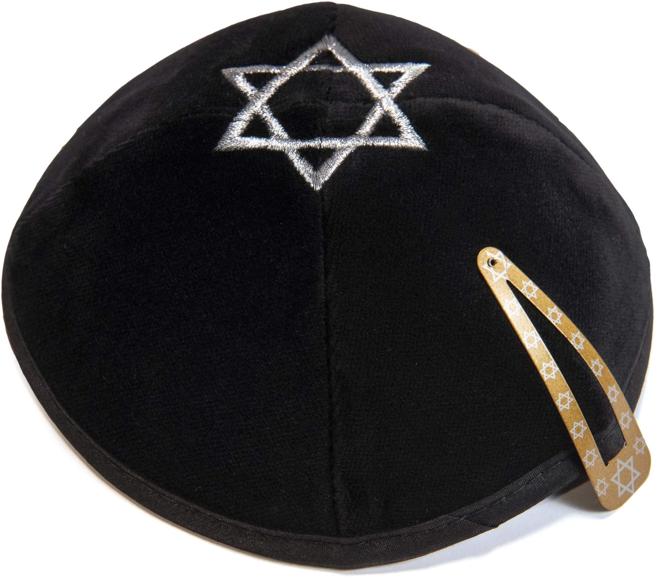Black Velvet Star Of David Embroided Kippah Yarmulke Jewish Kippa Israel Cap Judaica w/clip, Black, 20 cm