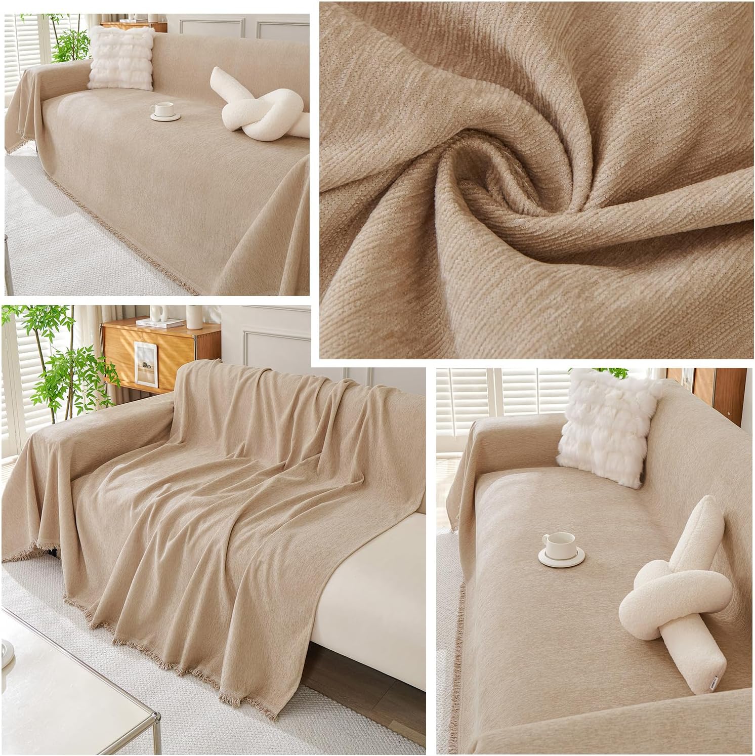 STACYPIK Jacquard Khaki Couch Cover Blanket for Dogs, Washable Pets Protector Cover for 3 Cushion Couch, Non-Slip Christmas Furniture Protector Sofa Slipcover, Loveseat Cover for Sectional-71X134IN