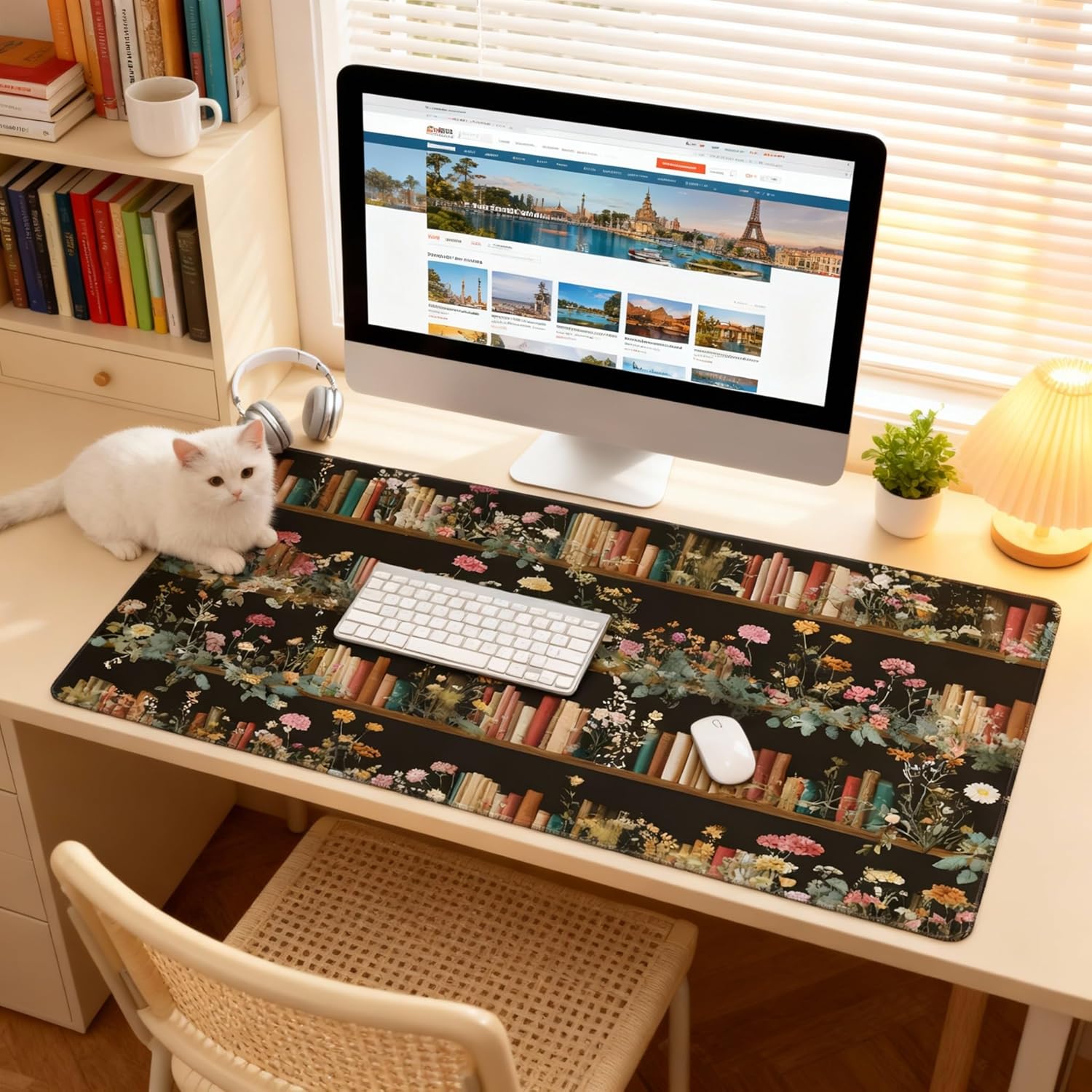 Dark Academia Floral with Books & Bookshelf XXL Desk Pad - Extra Large Anti-Slip Mouse Pad with Stitched Edges, Aesthetic Desk Mat for Computer, Keyboard & Laptop - Office & Home Desk Decor for Women