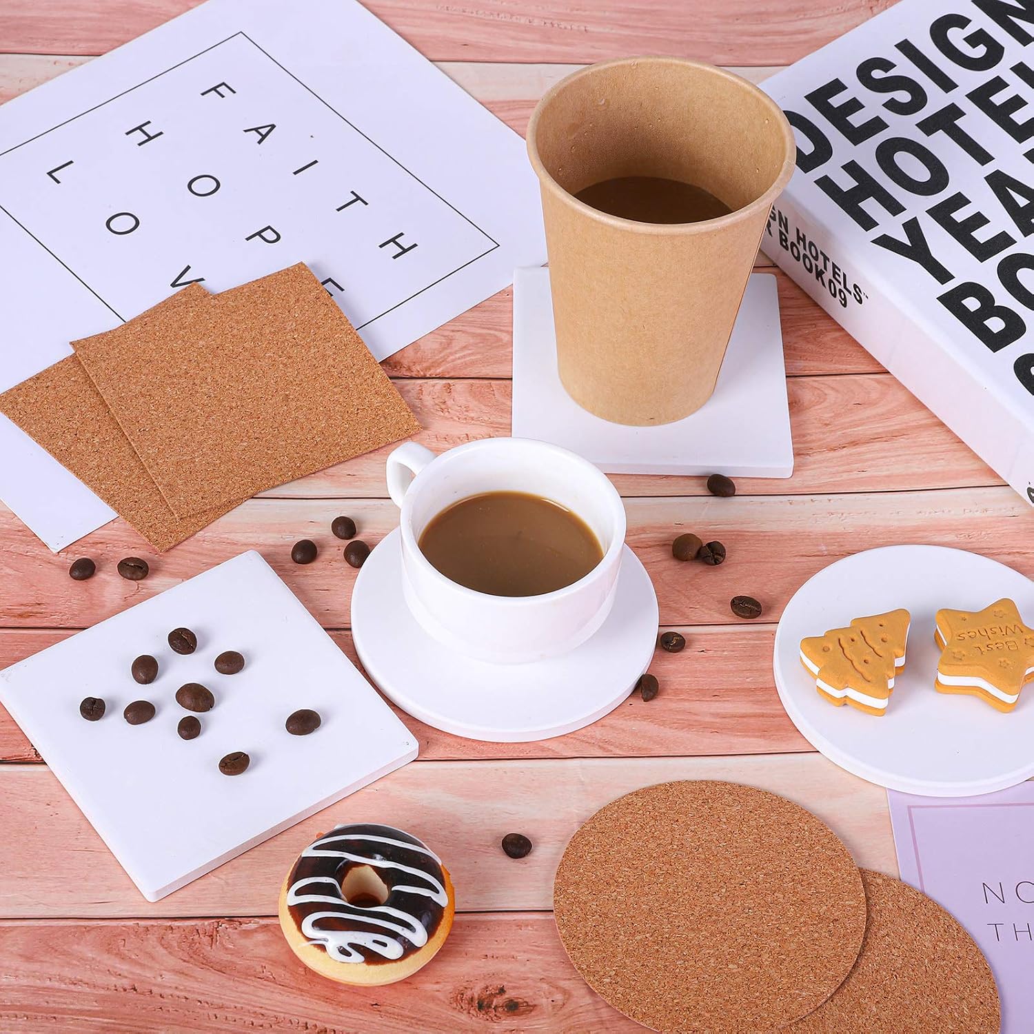 Ruisita 16 Pack White Ceramic Tiles with Cork Backing Pads 4 Inch Round and Square Ceramic Coasters for Arts Crafts