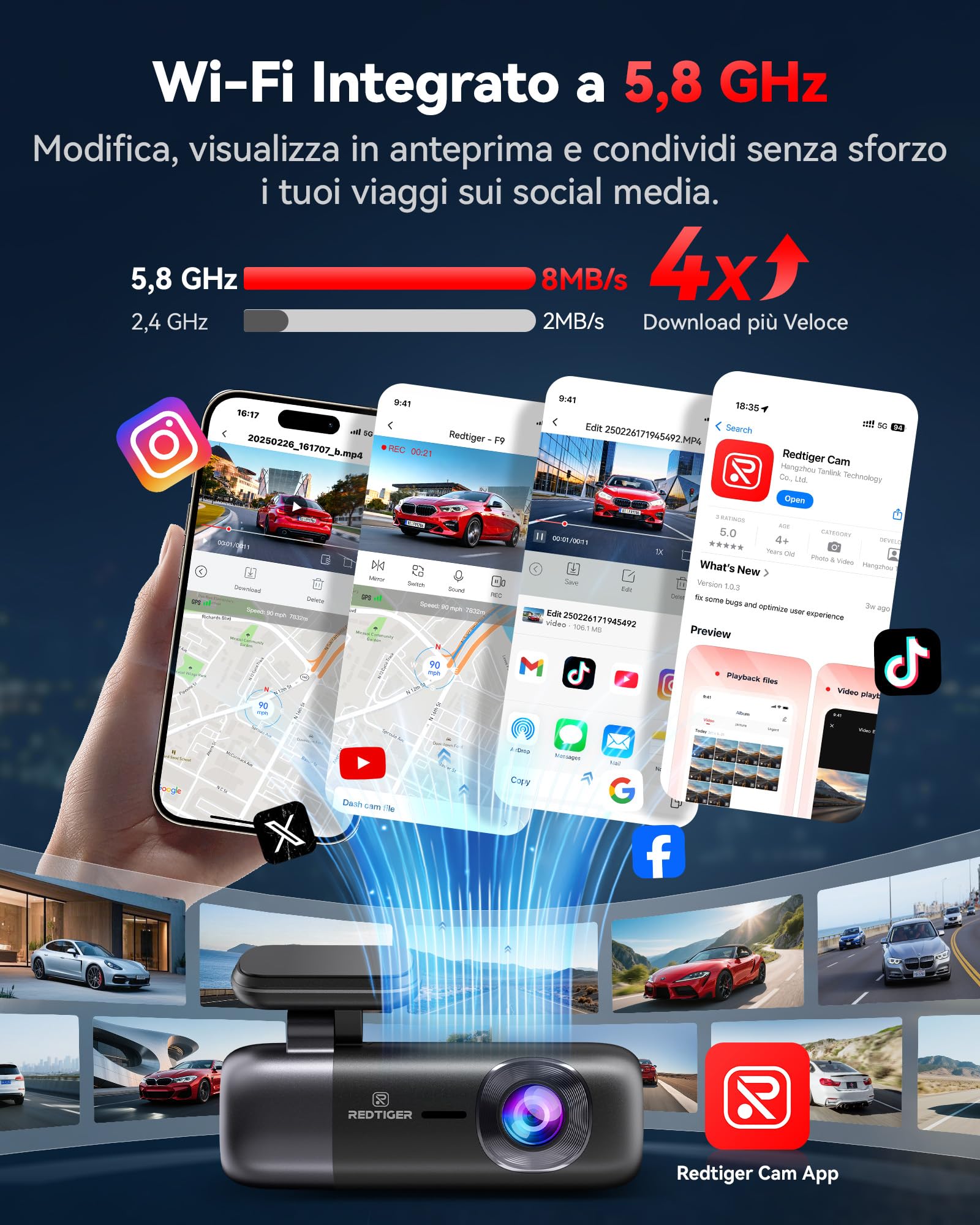 REDTIGER Dash Cam Auto 4K + 1080P, Anteriore e Posteriore, Dashcam Auto con WiFi e GPS, Registrazione in Loop, Modalità Parcheggio, Controllo APP,Supporto Massimo 256 GB(F9)