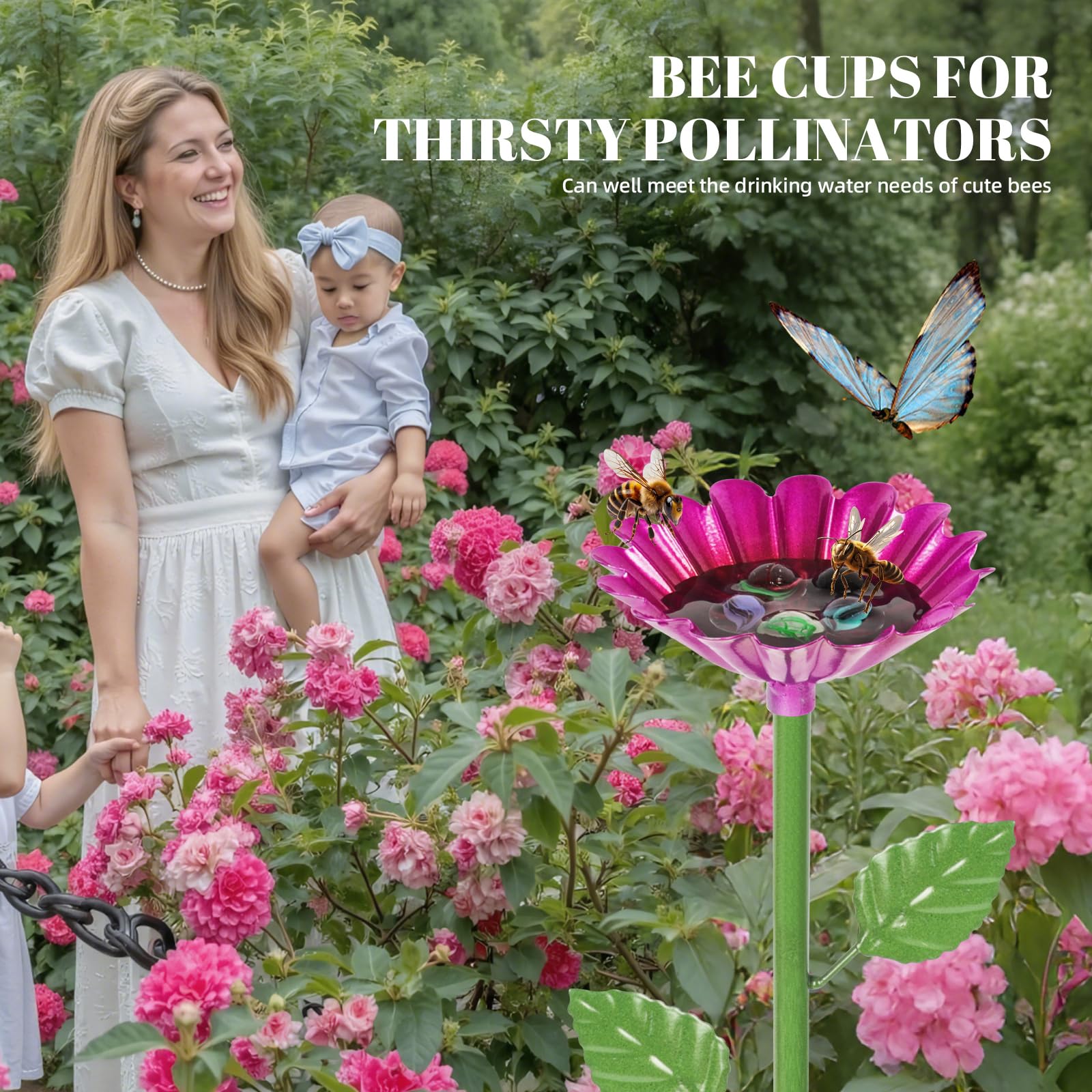 Bienengießstation, 4 Stück Metall Bienenbecher für Garten, Bienenfutterspender für durstige Bestäuber mit 20 Glasmurmeln, Bestäuber Wasserspender für Bienen & Schmetterlinge, Outdoor Garten Hof Dekor
