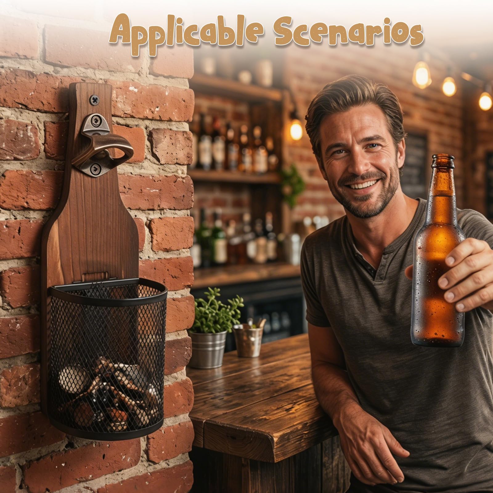 Abridor de botellas de madera vintage montado en la pared con colector de tapas
