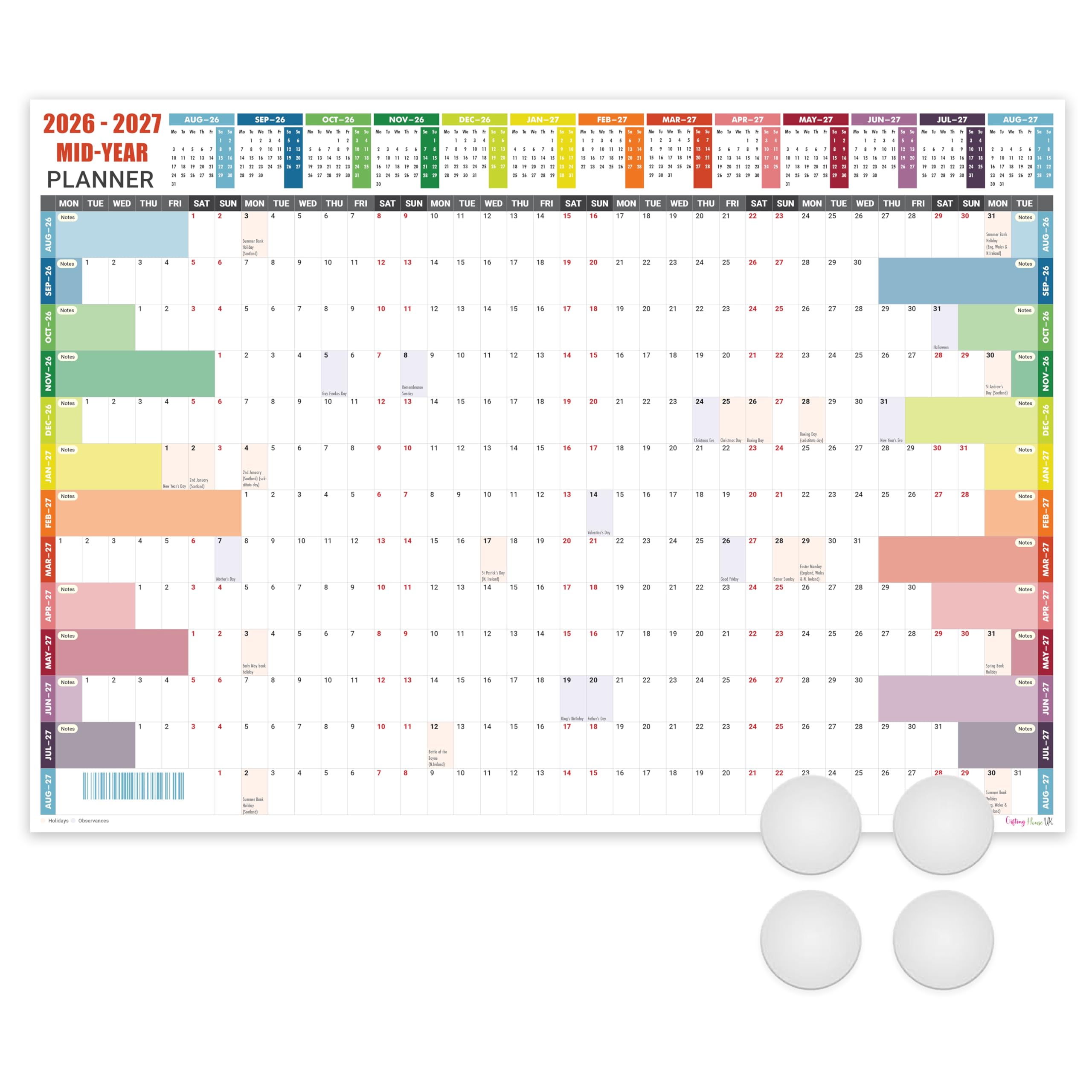 Giftinghouse A2 Academic Wall Planner 2026/2027 59.4 x 42 cm Laminated Multi-colored – Mid Year Wall Planner 2026-2027 – August 2026 to August 2027 UK with Holidays