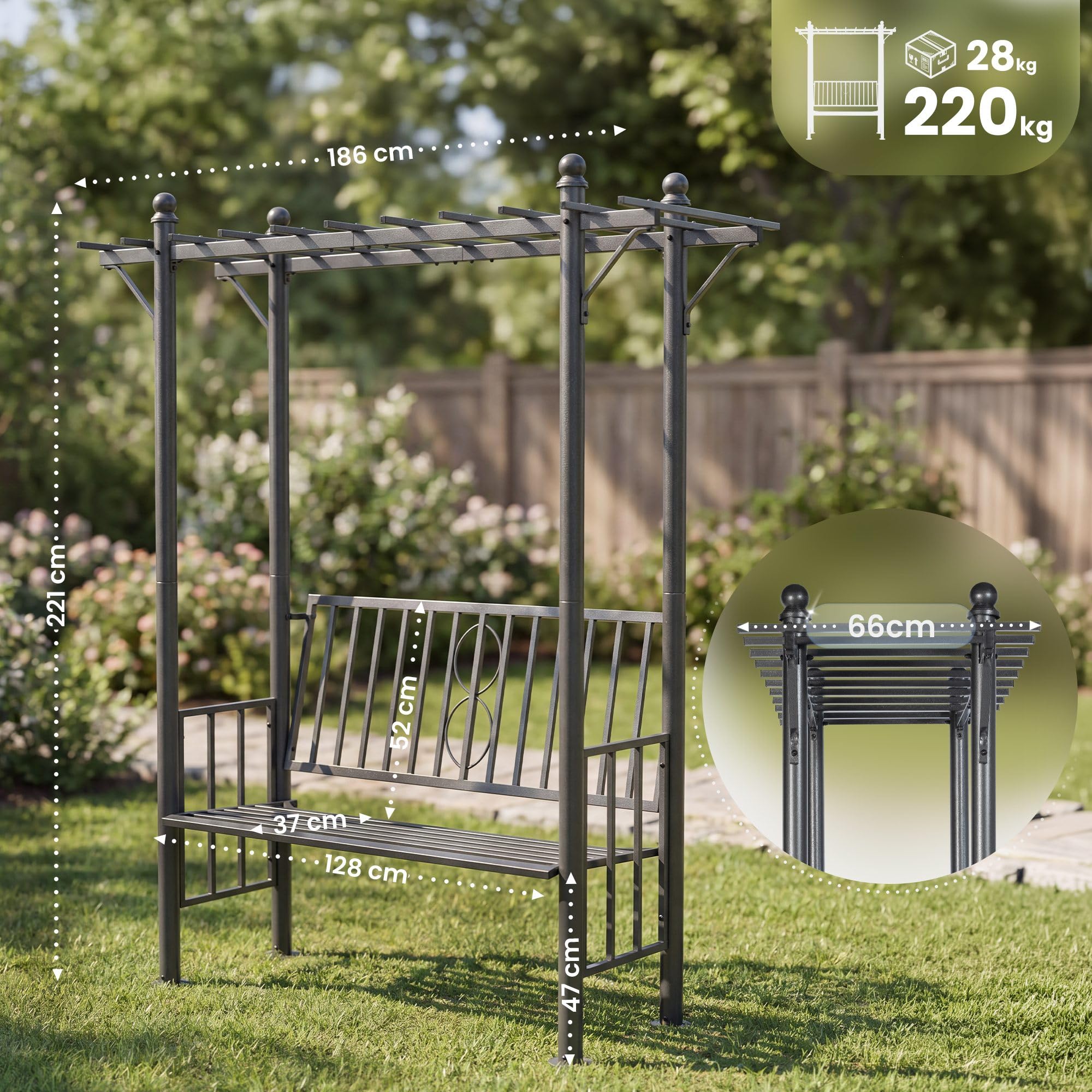CLP Arche a rosiers avec Banc Luvio, Resistant aux intemperies avec Dossier, pour Jardin et terrasse, Support jusqu'a 220 kg Couleur Anthracite