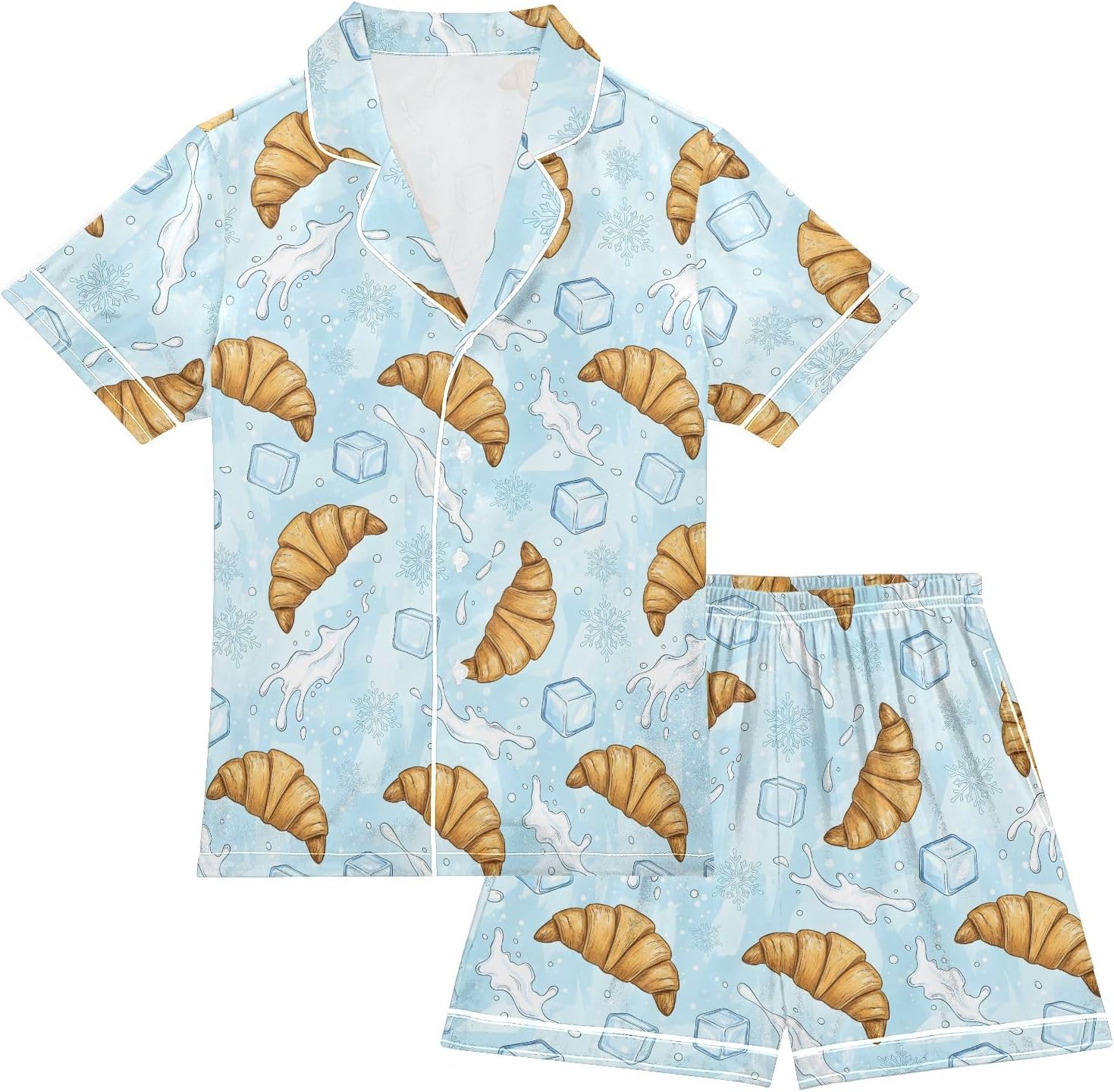Kids Satin Wear Set Croissant Ice Cube Snowflake Pattern Relaxed Fit Clothing Short Sleeve and Shorts
