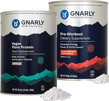 Gnarly Vegan Plant Protein, Meal Replacement - Vanilla 28.2oz and Gnarly Preworkout Strawberry Lemonade Caffeine Free 14.82oz