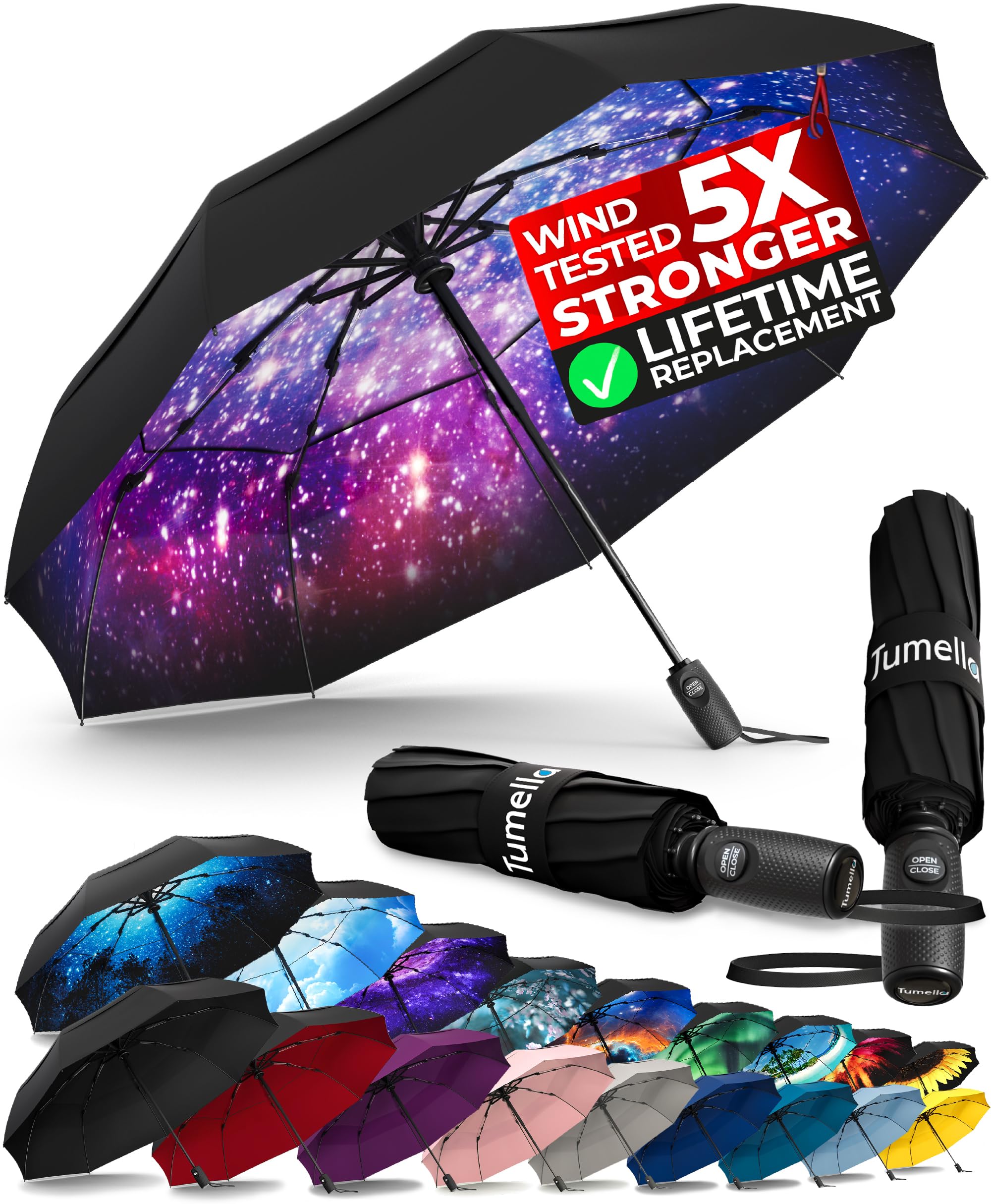 Strongest Windproof Travel Umbrella (Compact, Superior & Beautiful), Small, Wind-Tested, Light & Portable, Automatic Folding Rain Umbrella, Durable Premium Grip, Fits Car and Backpack