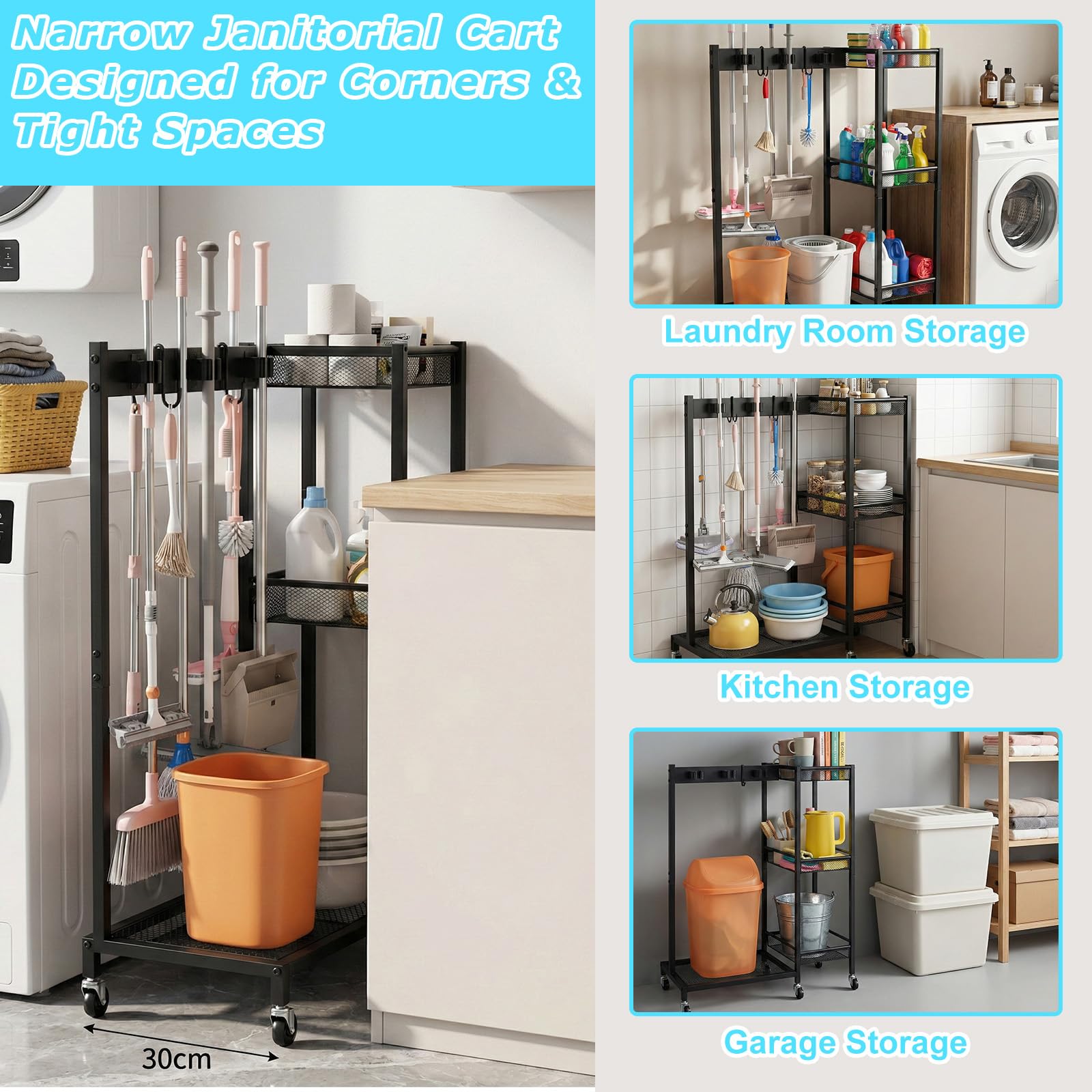 Besenhalter Reinigungswagen Organizer, Mobiler Putzwagen mit 6 Mopp-Aufhängern & 3 Doppelhaken, Haushaltswagen Besen- und Mopphalter fur Haushalt Gewerbe 25.6 × 11.8 × 33.5in