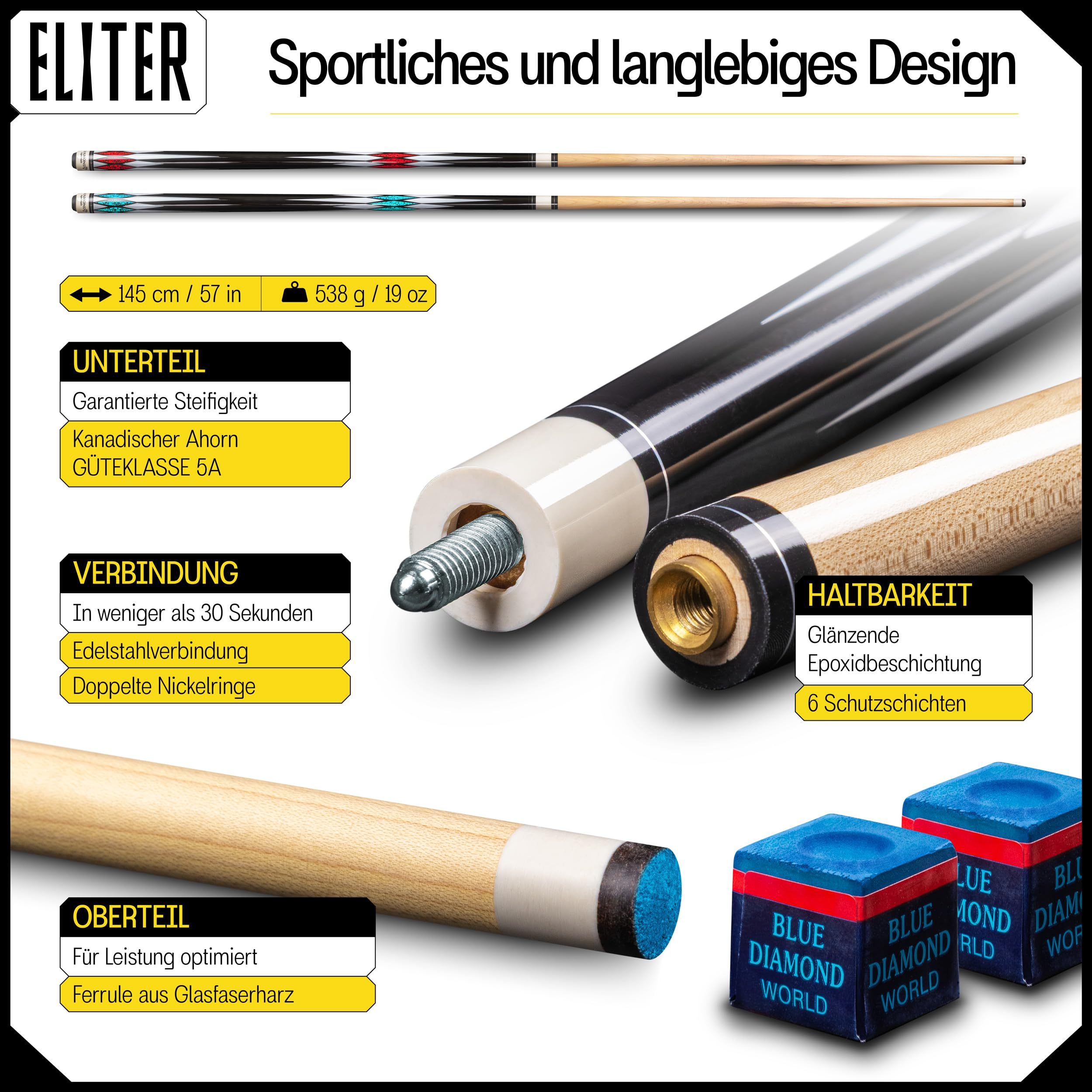 Billard Queue Set 2 - Billard cue aus massivem Ahornholz - weich und robust für mehr Kontrolle und Präzision - Original-Design