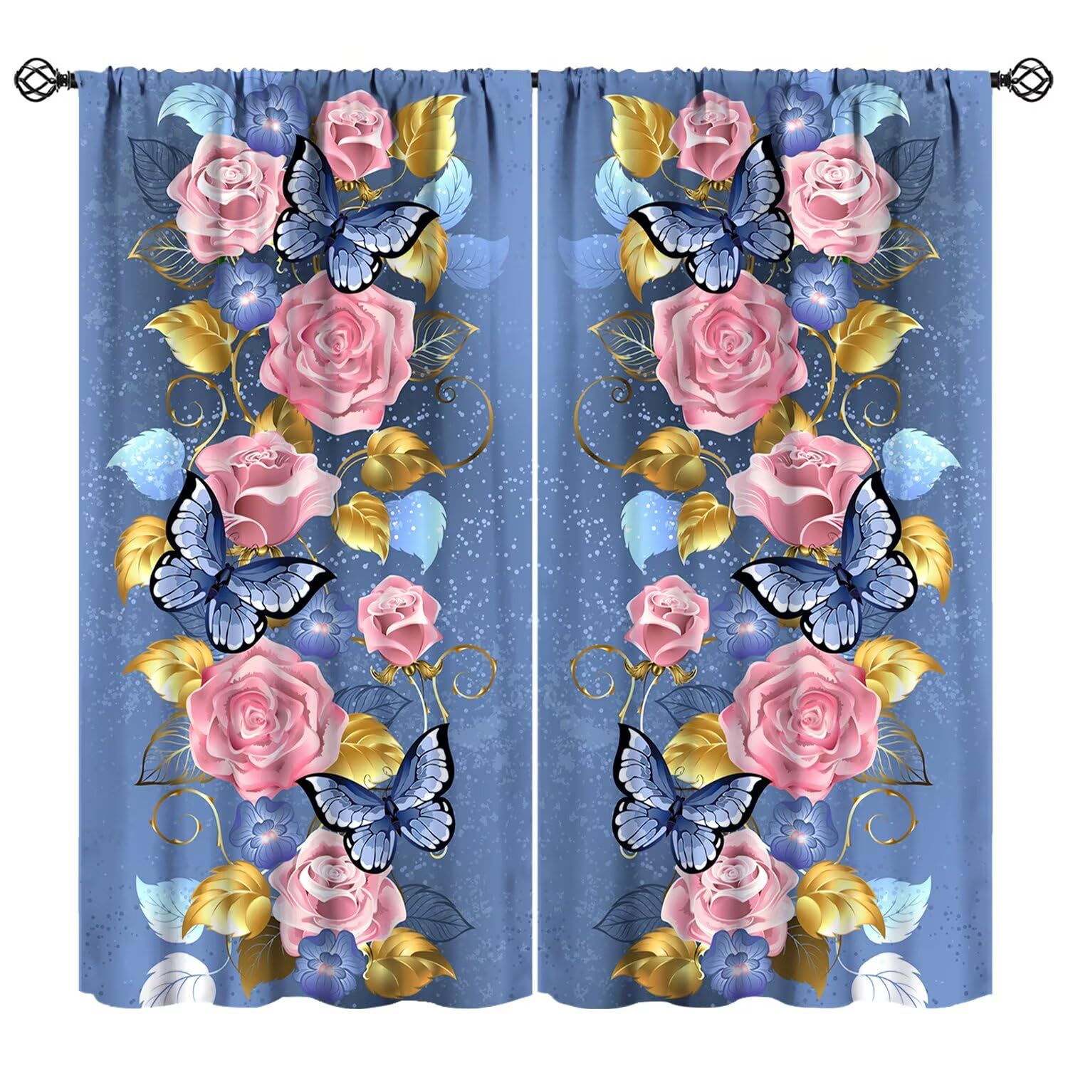 JESTRONRY Butterfly Window Curtains,Romantic Pink Roses Spring Blue Butterflies Theme Print Rod Pocket Window Drapes for Living Room Bedroom Kitchen 42" W X 54" L