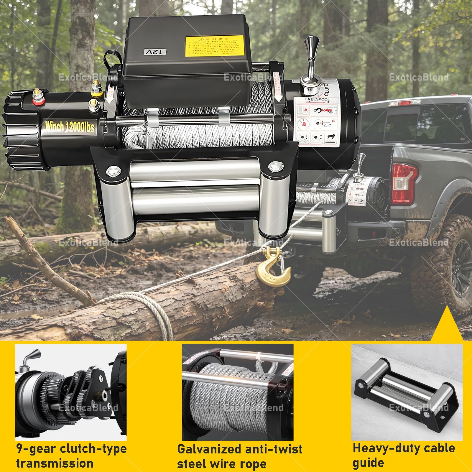 Wciągarka elektryczna 3000–6000 lbs (12 V / 24 V) do ATV, UTV i pojazdów ciężarowych – model z liną stalową, pilotem bezprzewodowym/przewodowym 12V-3500LBS