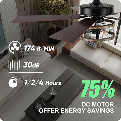 Miniatura 6 de ZHUYILONG Ventiladores de techo de granja de 52 pulgadas con luces ventilador de techo negro rústico enjaulado con luz y control remoto 5 aspas de