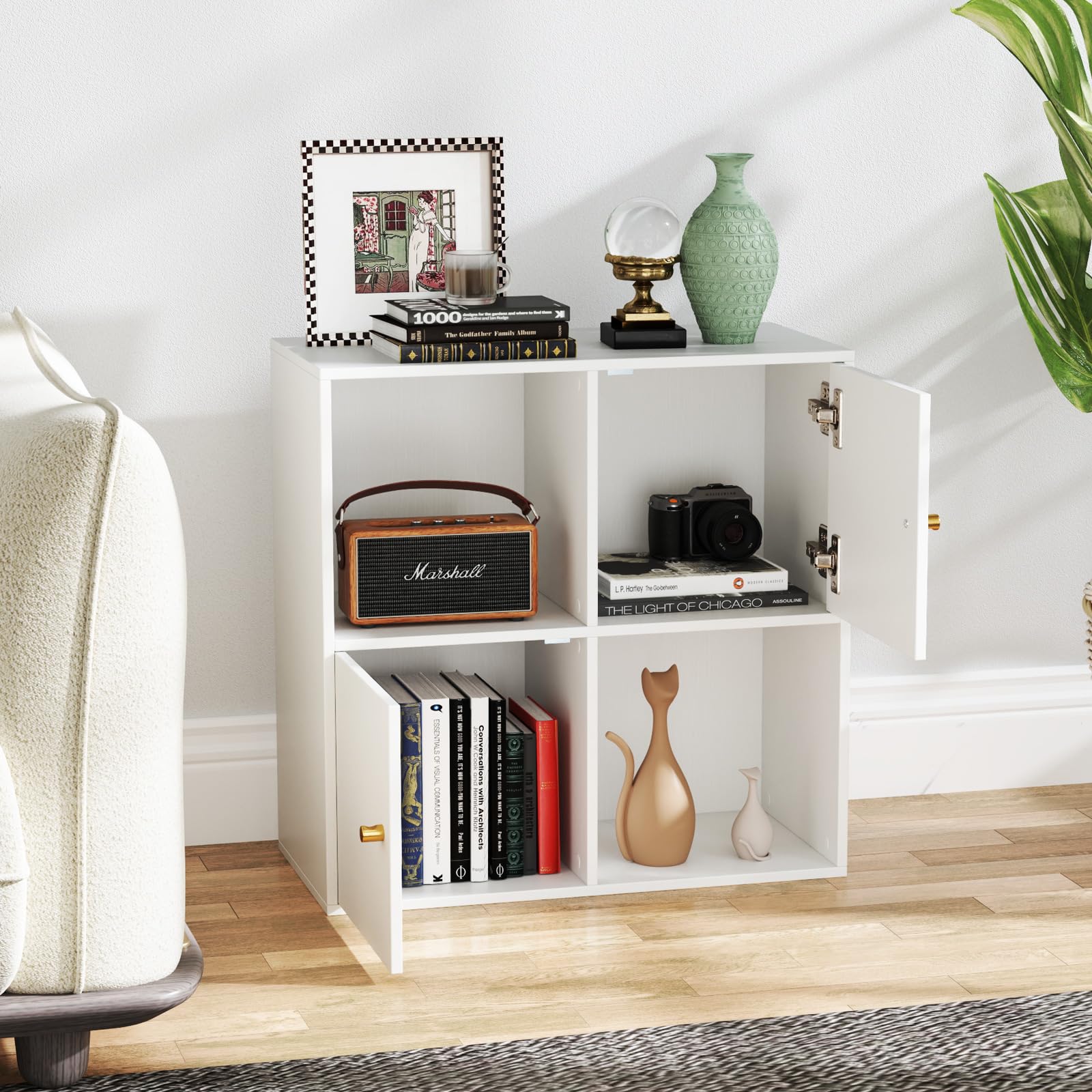 GIANTEX Estantería para Libros con 4 Cubos, Librería de Almacenaje de 2 Niveles con Puertas, Compartimentos Abiertos, Mueble Auxiliar Moderno para Salón, Estudio, Oficina, 60 x 29 x 60 cm, Blanco