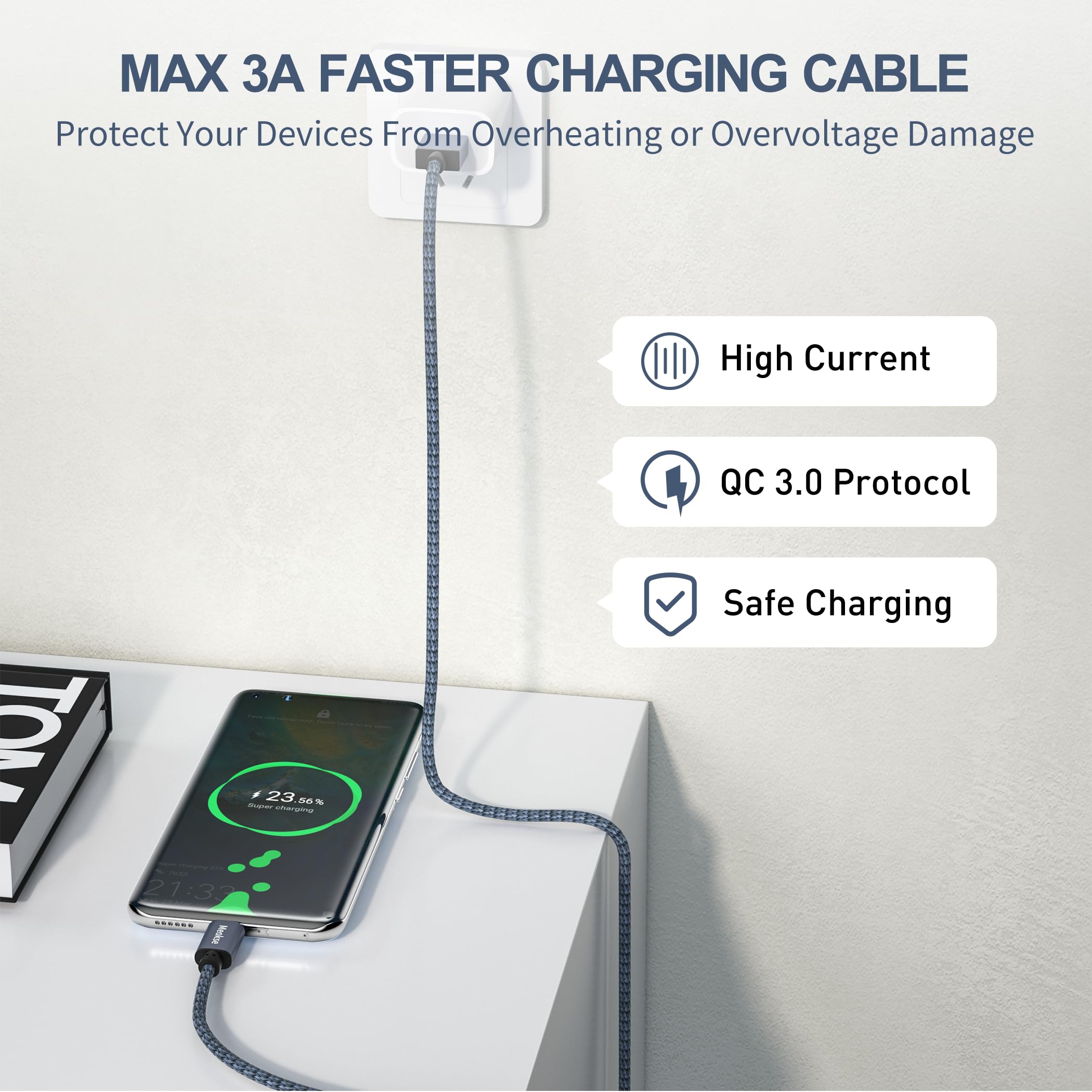 Meokse USB Type C Cable 20FT,USB A to USB C 3A Fast Charging Braided Charge Cord Compatible with Samsung Galaxy S10 S9 S8 Plus,Note 9 8,A11 A20 A51,LG G6 G7 V30 V35,Moto Z2 Z3,USB C Charger 6M