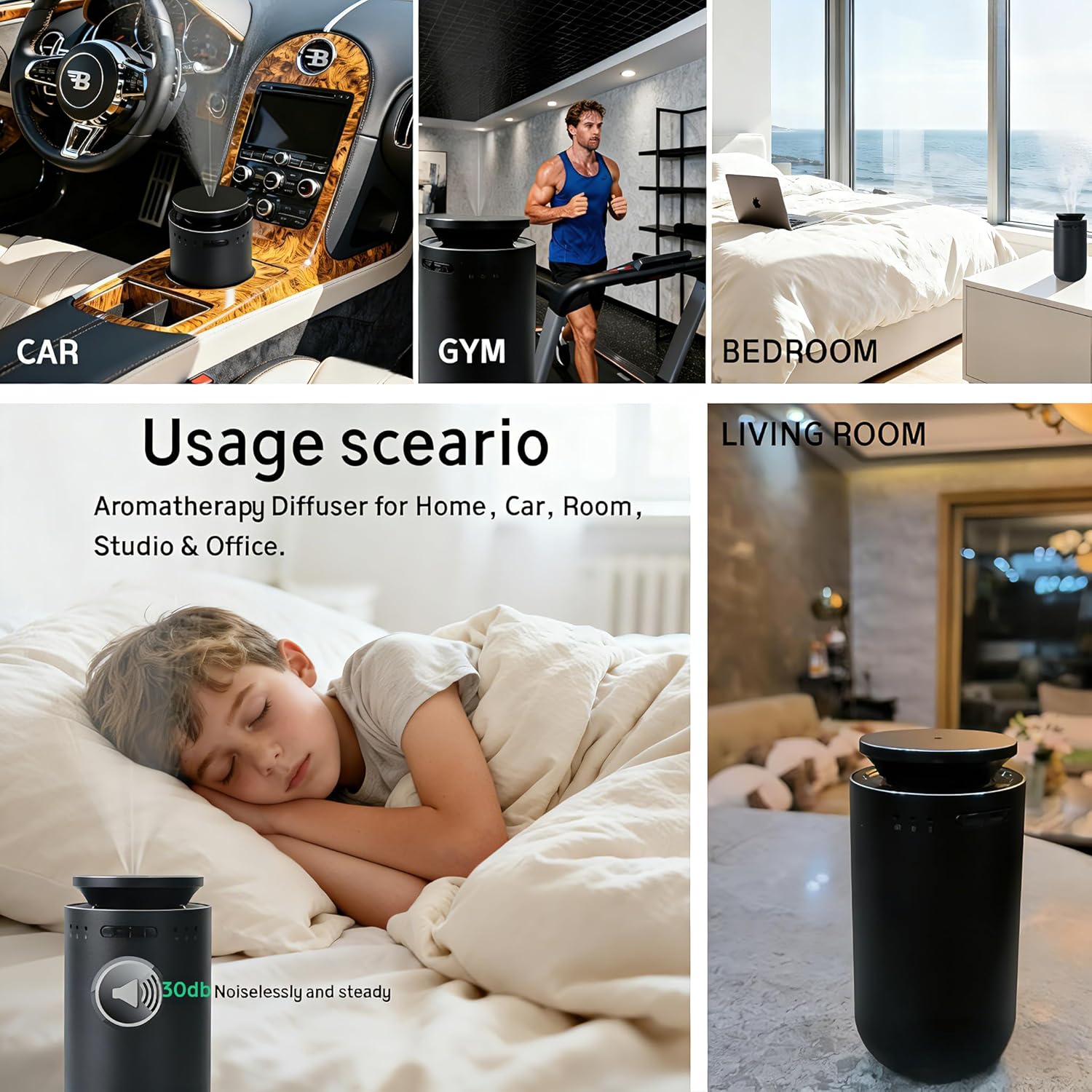 Waterless Essential Oil Diffuser, Battery Operated Nebulizer (0.5 Fl.Oz./15mL Capacity), 3 Countdown Timers & 3 Mist Levels, Mini Scent Air Machine for Home Car Office,Black