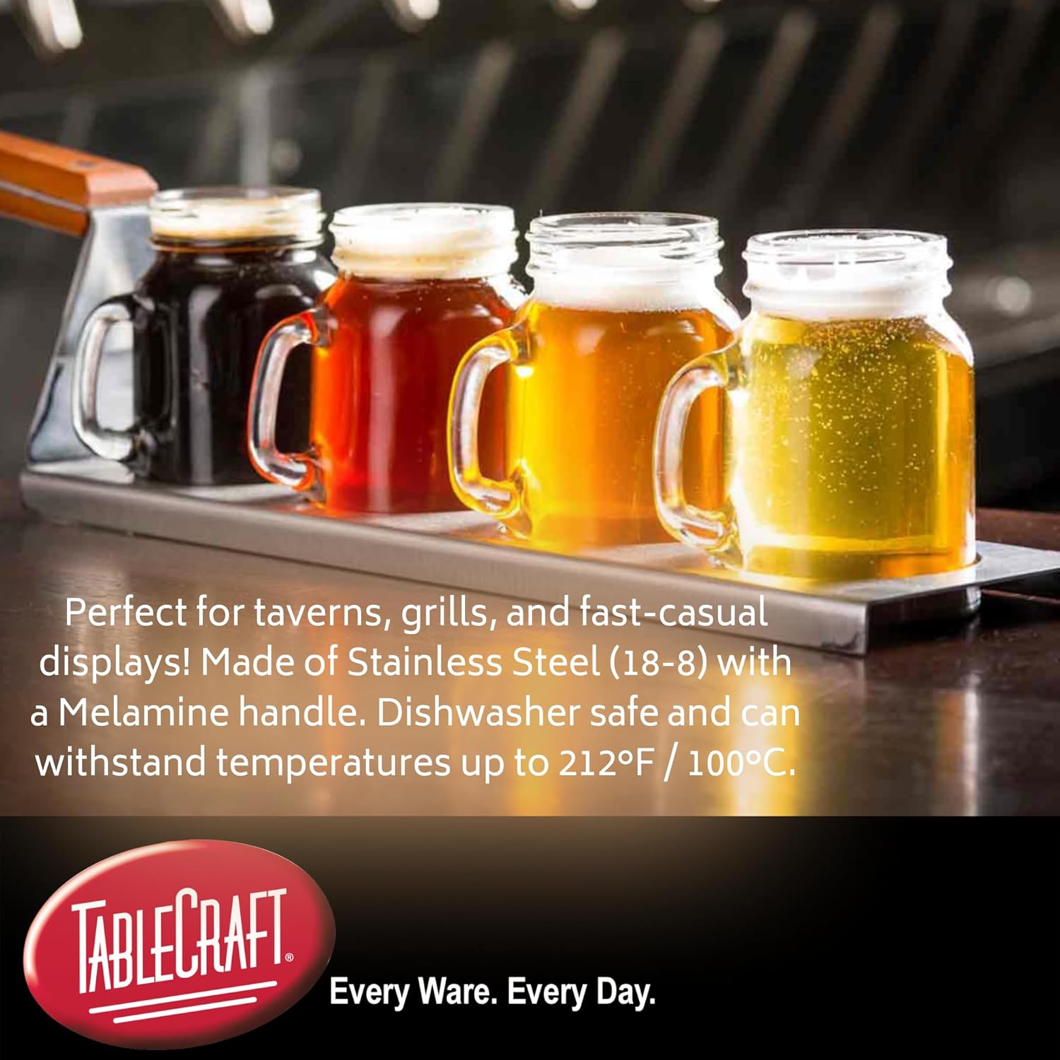 TableCraft 20002 Better Burger Collection Drink Flight Spatula, 16" x 3-1/2" x 3-1/4", (4) glass wells: 2-5/16" top dia. x 7/16" deep x 2-1/8" bottom dia., dishwasher safe, stainless steel plate,