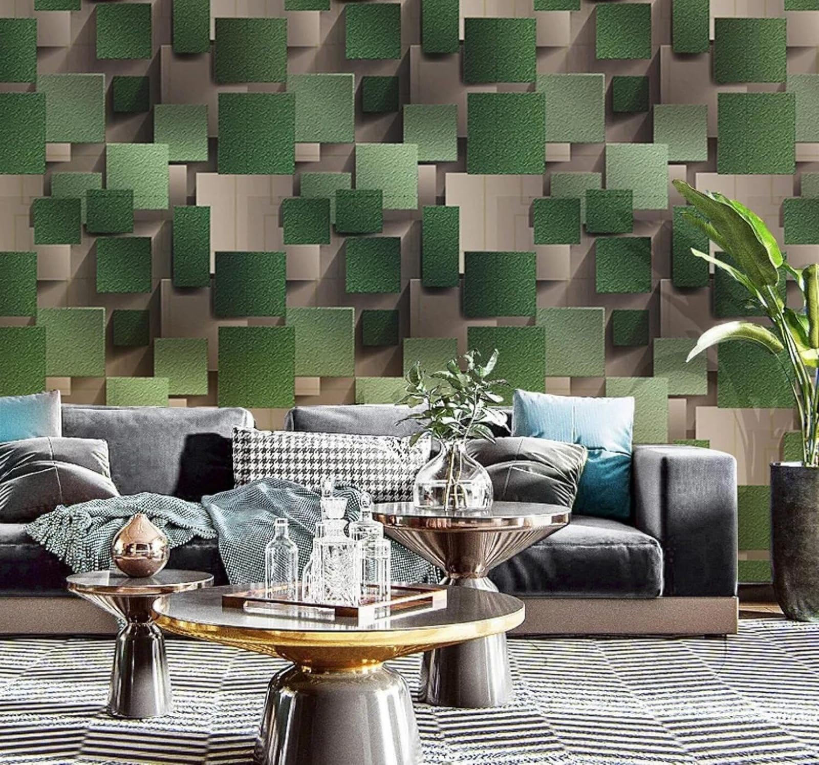 Tzxztt Creative Three Dimensional Green Checkered Unique Modern 3D Wallpaper Premium Textured Silk Neutral Tones Material Ideal for Living Room Bedroom-300cm×210cm