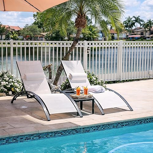 Miniatura 27 de PURPLE LEAF Juego de tumbona para patio, sillón al aire libre, playa, piscina, tumbona para tomar el sol, tumbona reclinable, sillas de bronceado