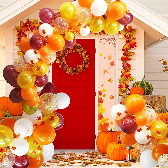 Little Pumpkin Autumn Party Balloons Garland Arch, Autumn Theme Party Balloon Arch Orange Gold Brown Maple Leaves Backdrop For Fall Theme Bridal Shower Thanksgiving Wedding Engagement Birthday Party In