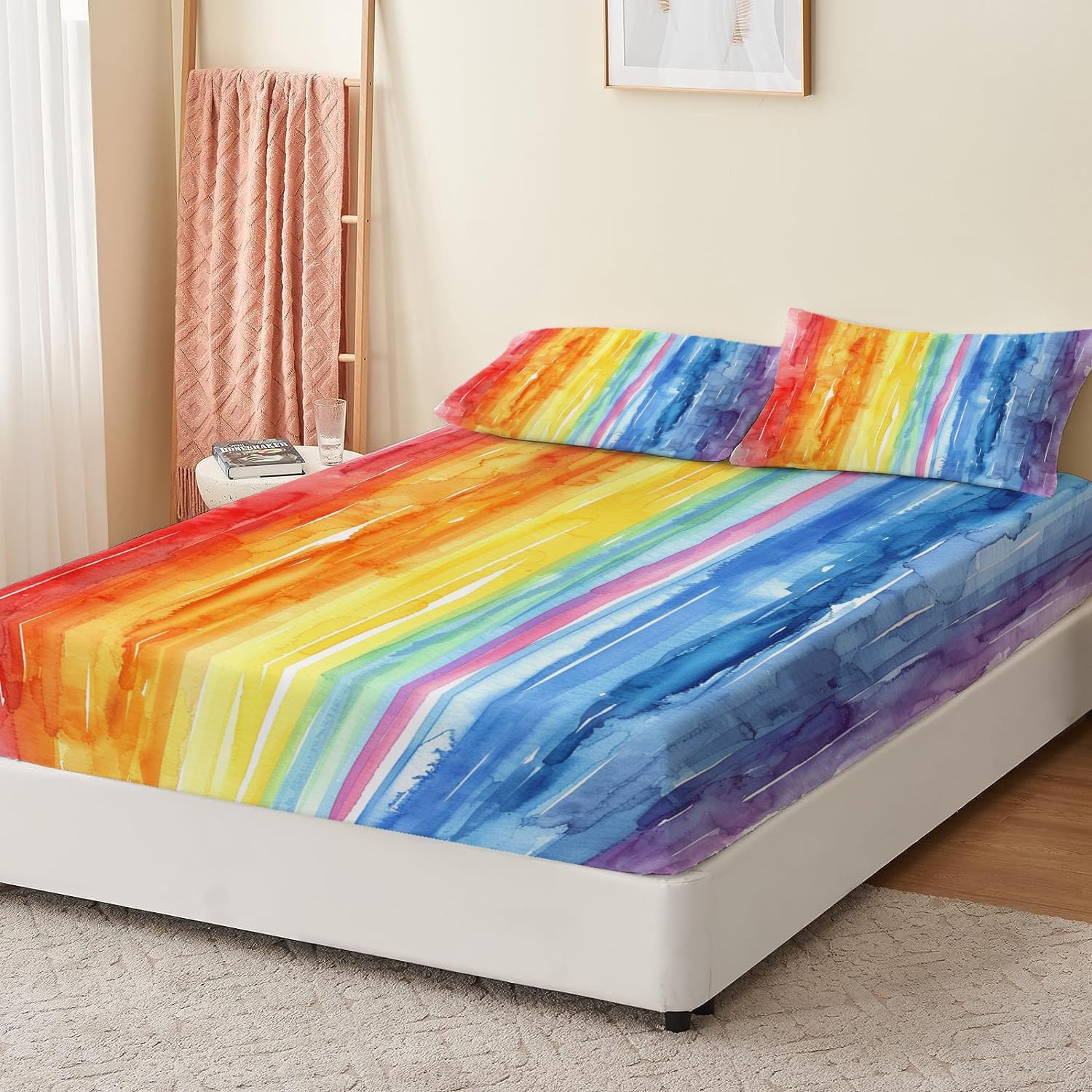 Print Fitted Sheet Set King Size for Kids Boys Girls, Bed Sheets Oil Painting Style Painted Stripes Pattern Fitted Sheet Adults Flat Sheet Soft Luxury, Home Room Decor 4Pcs