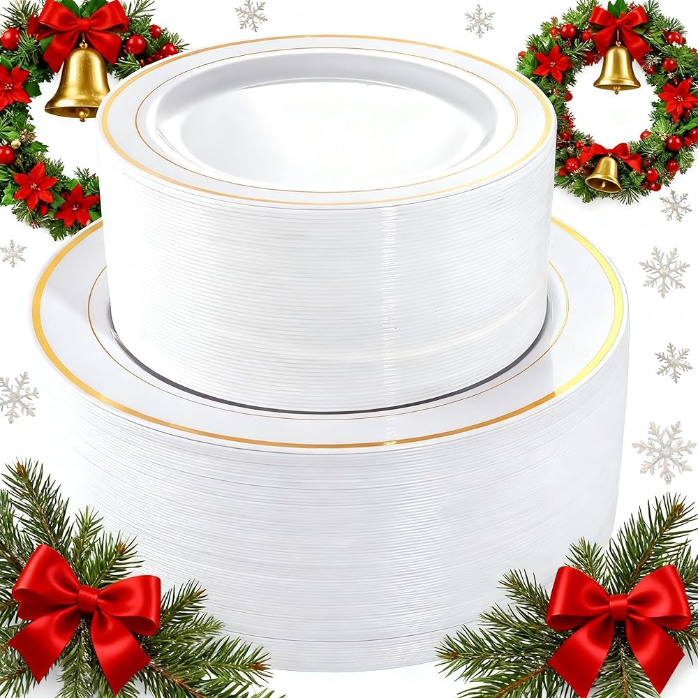 I00000 102 Pieces Gold Plastic Plates, Disposable Party Plates White Gold Rim, 51 Disposable Gold Dinner Plates 10.25 Inch and 51 Disposable Dessert Appetizer Elegant Fancy Wedding Plates 7.5 Inch