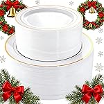 I00000 102 Pieces Gold Plastic Plates, Disposable Party Plates White Gold Rim, 51 Disposable Gold Dinner Plates 10.25 Inch and 51 Disposable Dessert Appetizer Elegant Fancy Wedding Plates 7.5 Inch
