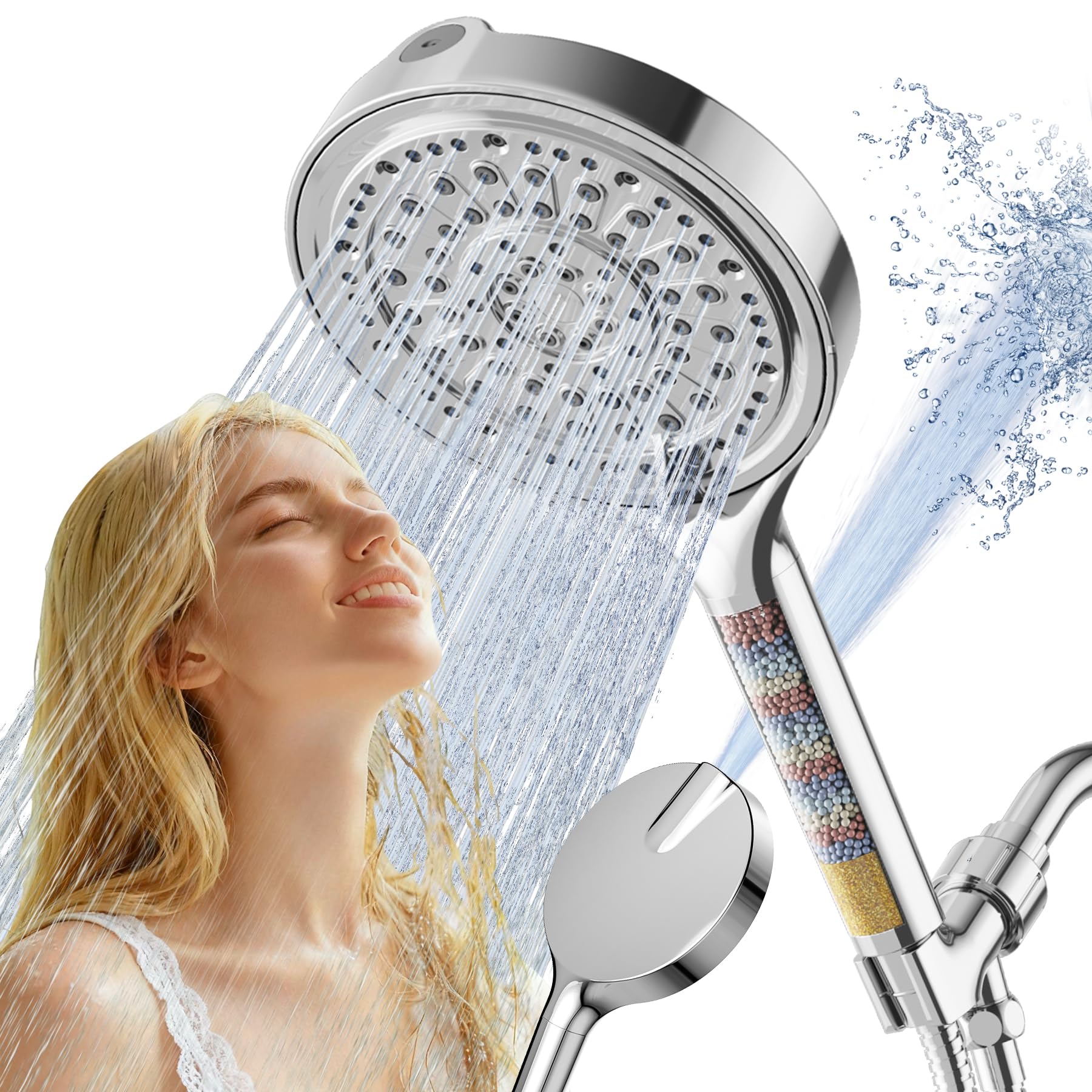 Cabezal de ducha filtrado de 6 pulgadas, 6 modos de pulverización, cabezal de ducha de mano de alta presión con filtro para agua dura, cabezal de ducha desmontable con manguera, cromado
