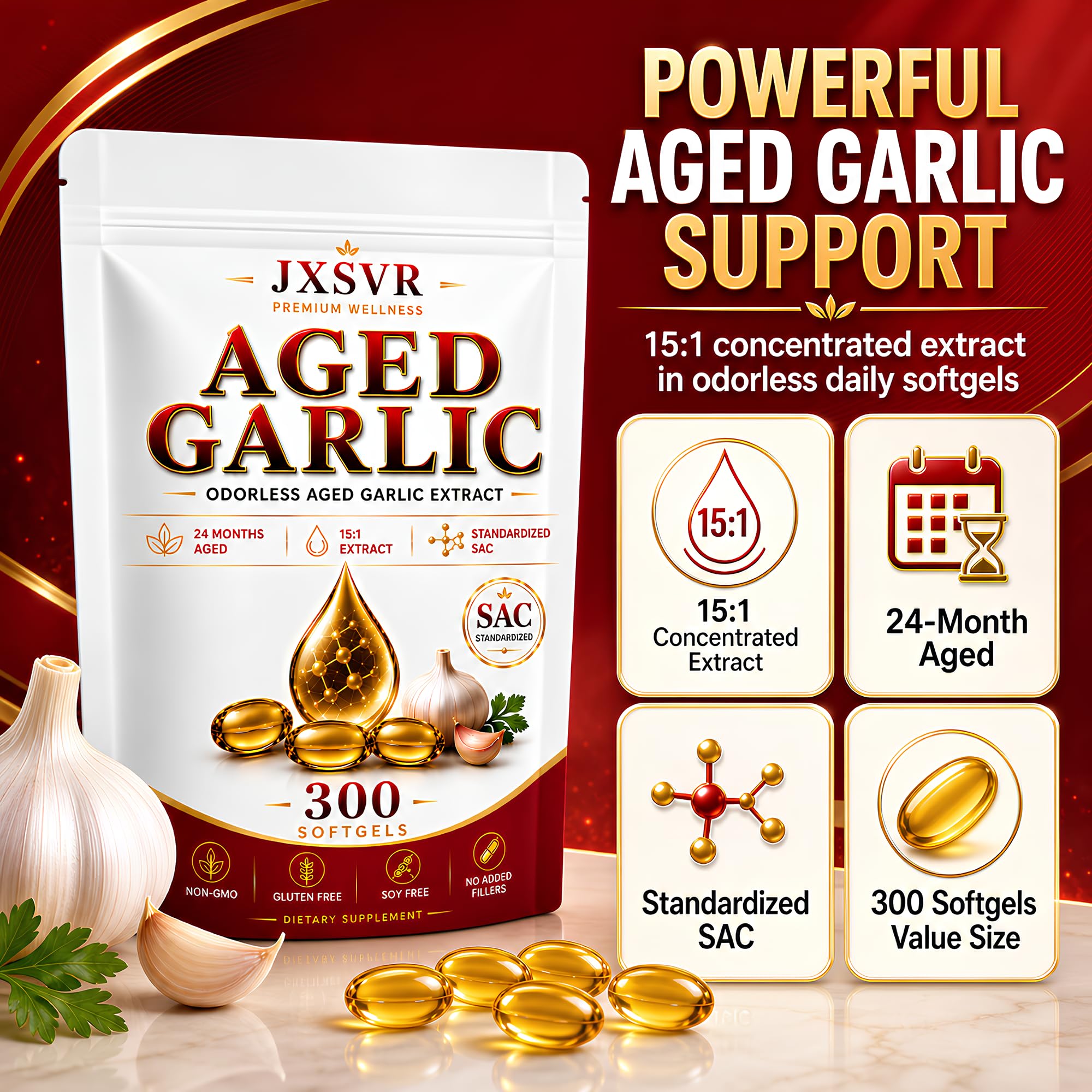 Pure Aged Odorless Garlic Extract Softgels, Aged Garlic Supplements, 24-Month Naturally Aged with Standardized SAC, Heart Health, Immune & Antioxidant Support, 300 Count (2) — Amazon image 2