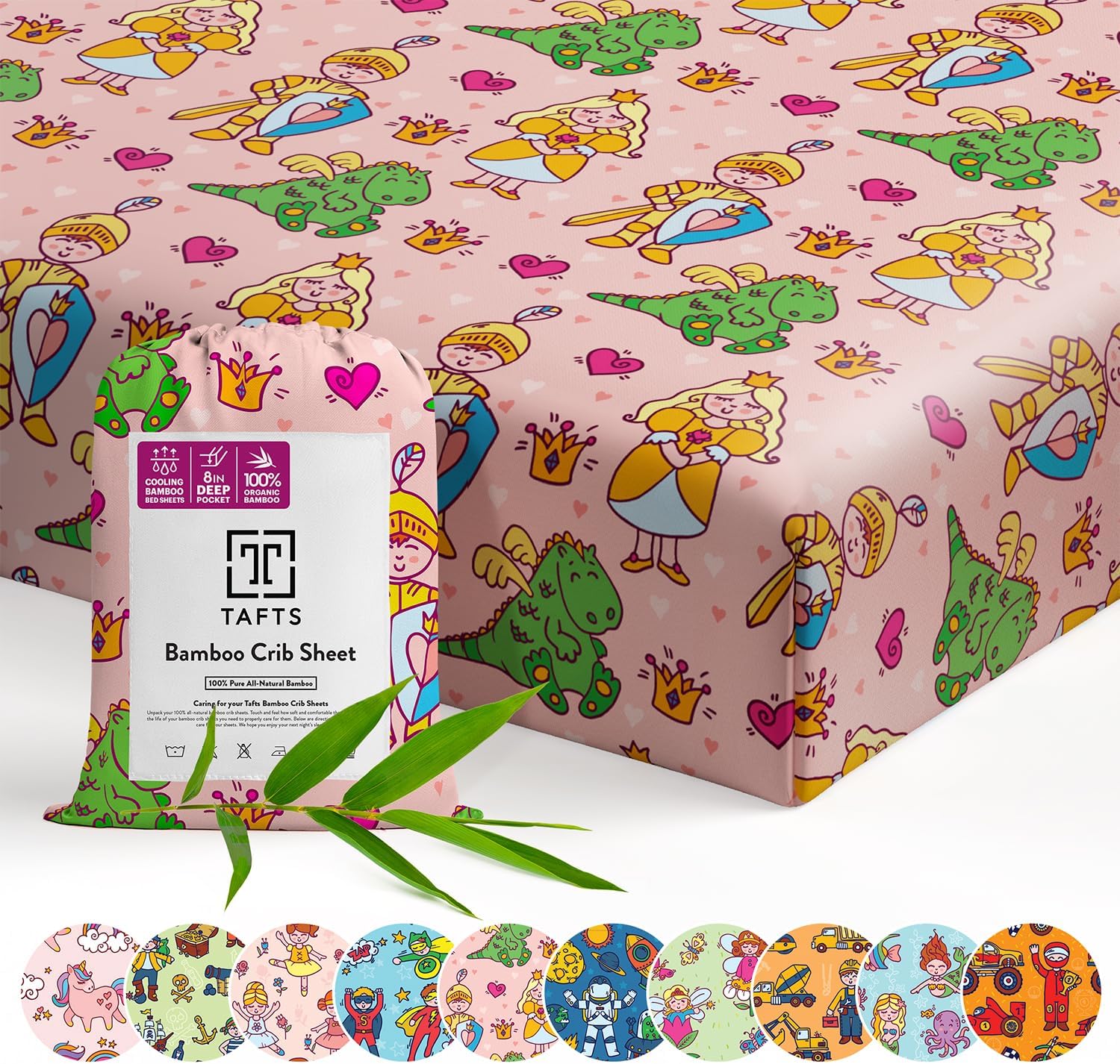 Tafts 100% Viscose Fitted Crib Sheets, Girls, Boys & Unisex, 8 Inch Deep Pocket, Standard Crib & Toddler Mattress, Cooling, Soft, 360 Elastic, Guarantee (2PACK, 28 x 52 Princess)